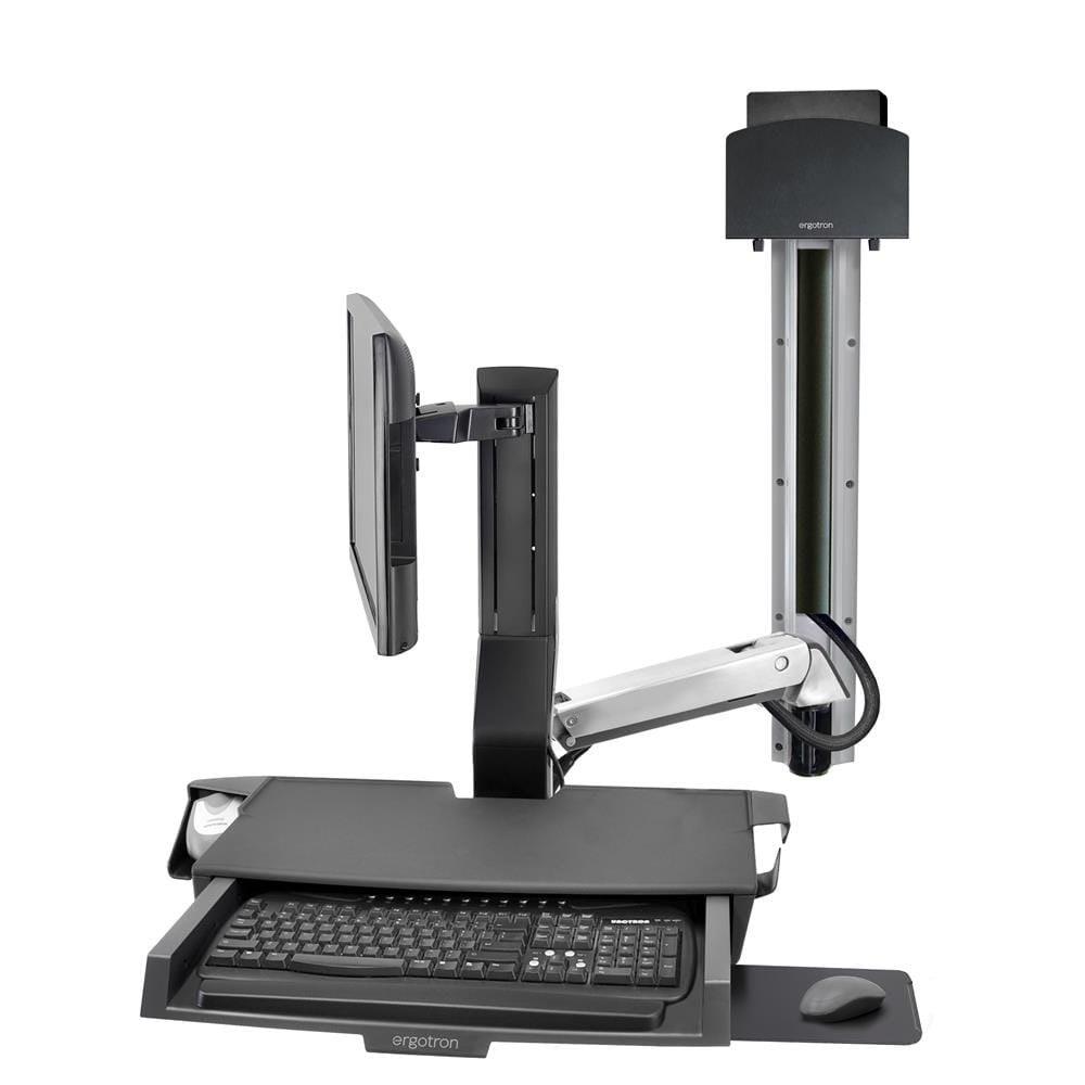 Ergotron SV Combo System with Worksurface & Pan, Small CPU Holder - Befestigungskit (CPU-Halter, Handgelenkkissen, Wandmontagehalterung, Schienenmontage Halterungsset, Mausablage zum Herausziehen, Monitorhalterung, Ablage für Barcode-Scanner und Maus, C
