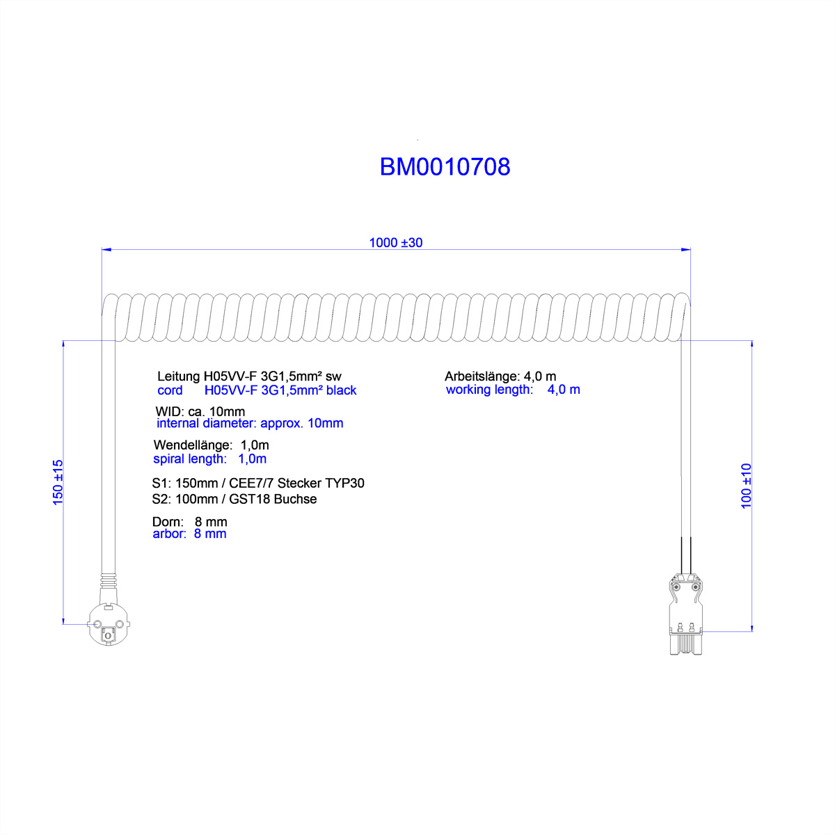 Bachmann Spiralleitung H05VV-F 3G1.5mm² sw ISV/CEE7/7