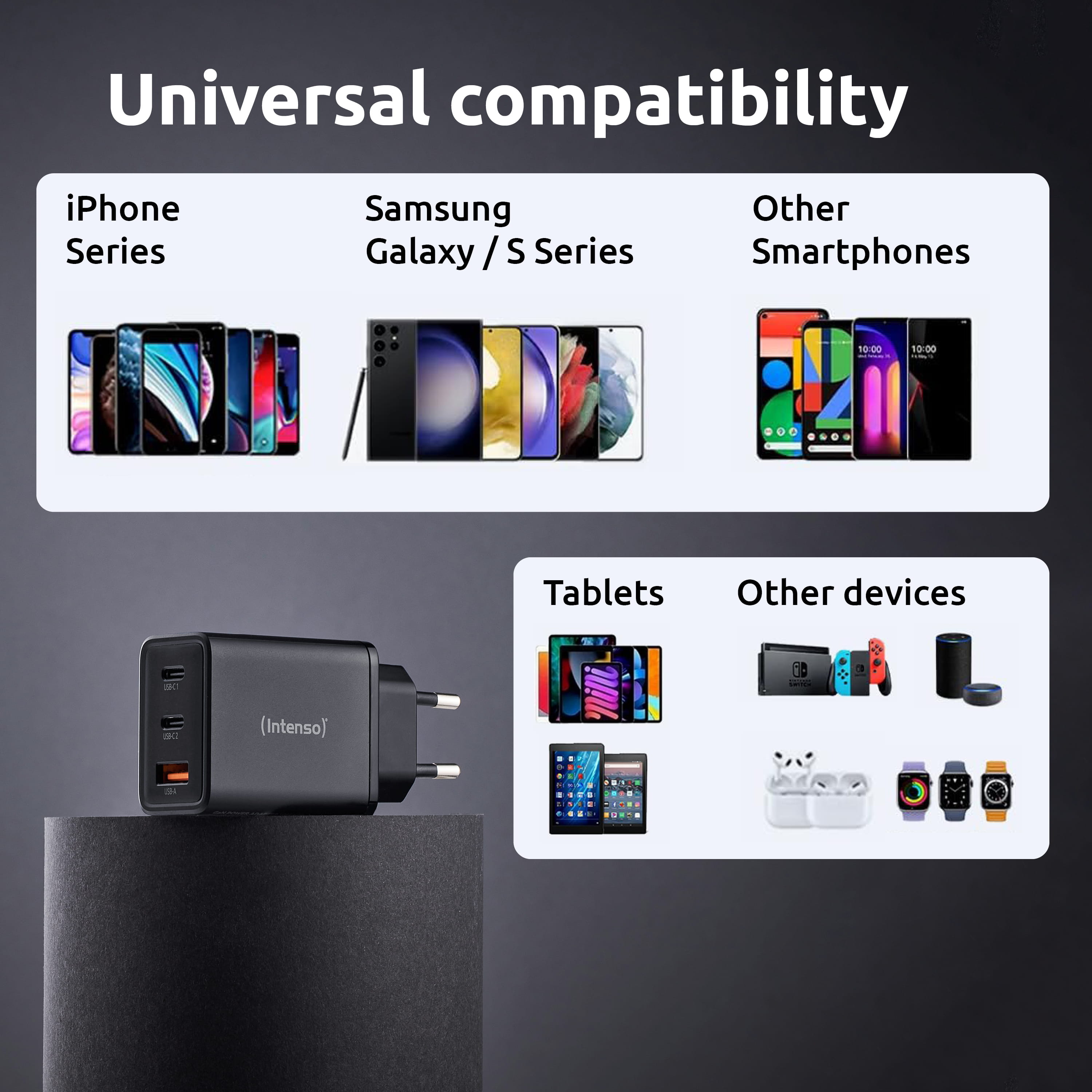 Intenso Power Adapter W65ACC, USB Netzteil mit 1 USB-A und 2 USB-C Anschlüssen, schwarz, Drinnen, 120 - 140 V, 50/60 Hz, 65 W, 11 V, Schwarz