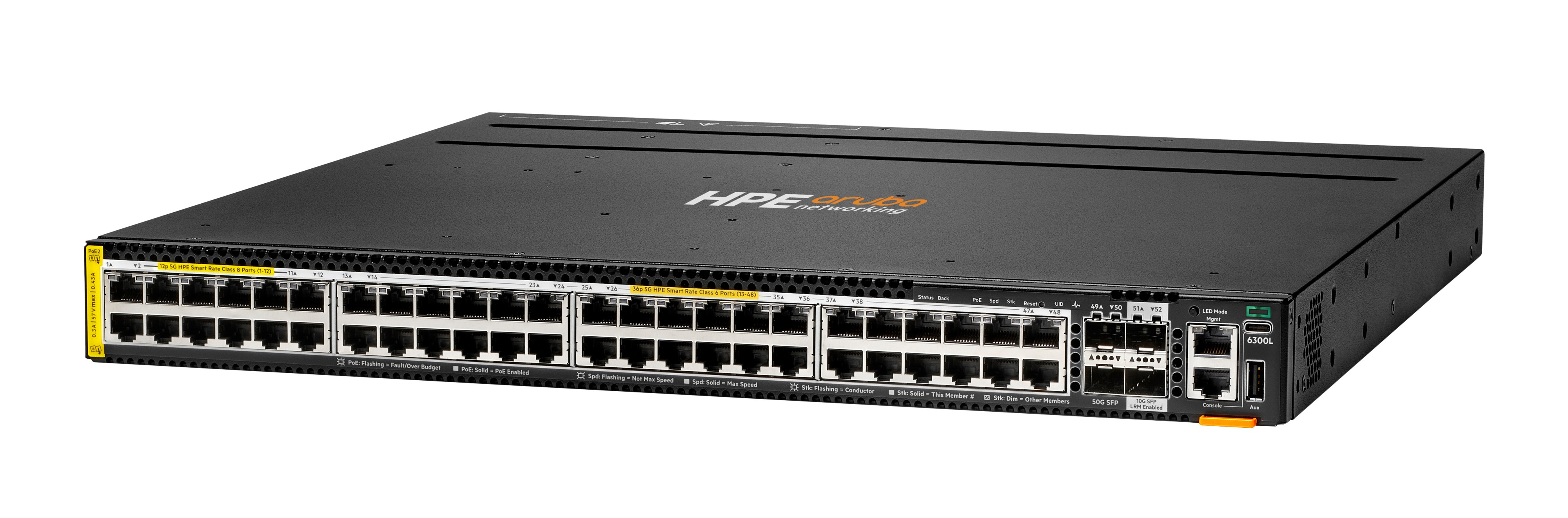 HPE Aruba Networking CX 6300L 48p Smart Rate 1G/2.5G/5G Class8/6 PoE 2p 50G and 2p 10G LRM L2 Switch - Switch - L3 - 48 x 1/2.5/5GBase-T (PoE++)