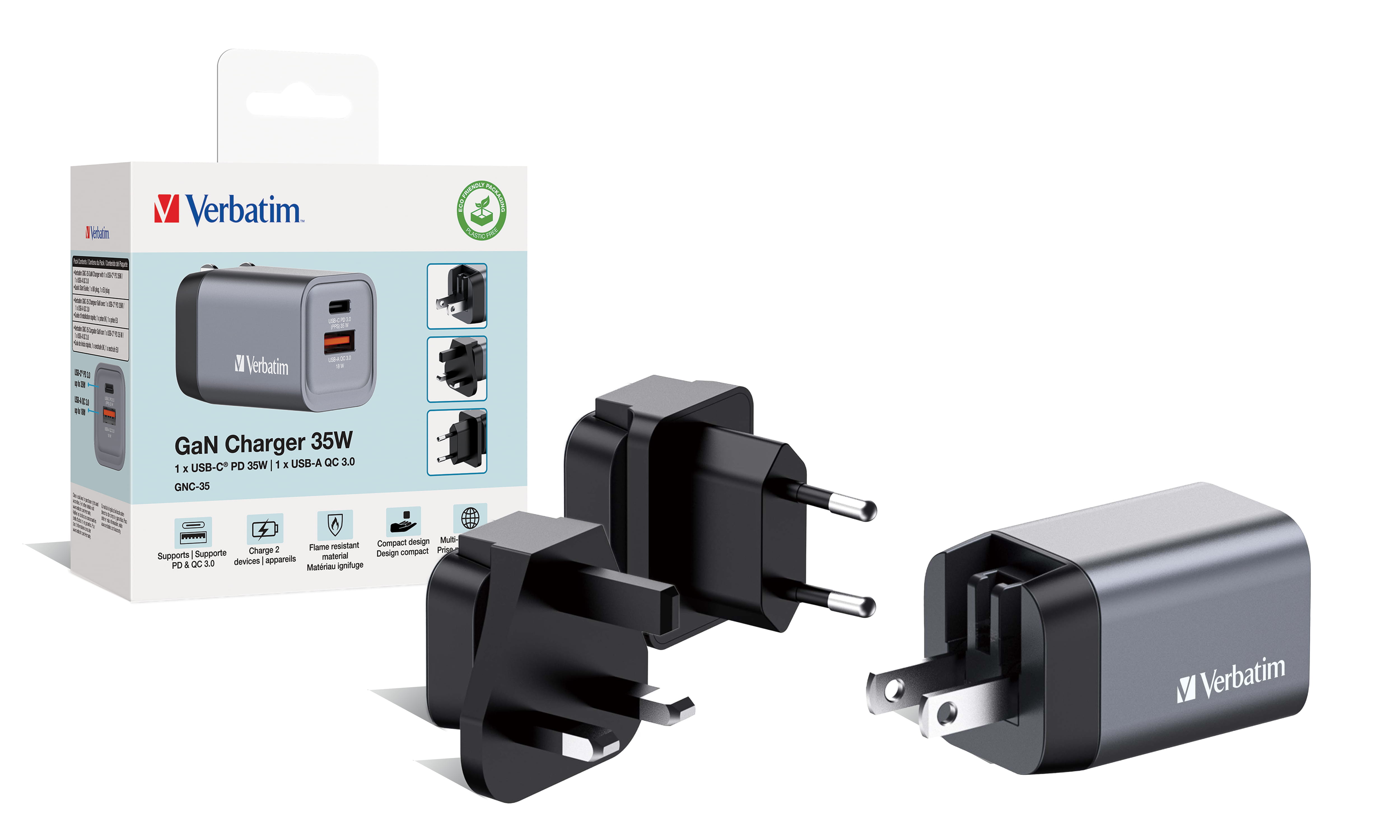 Verbatim Netzteil - GaN - 35 Watt - 3 A - PD 3.0, QC 3.0 - 2 Ausgabeanschlussstellen (24 pin USB-C, USB)