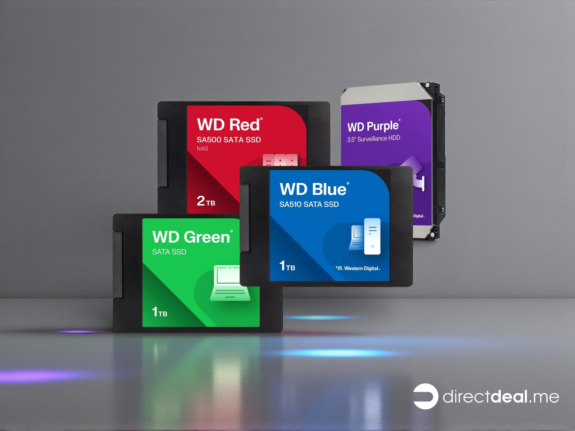 Banner mit WD Red, Green, Blue, Purple SSD und Festplatten