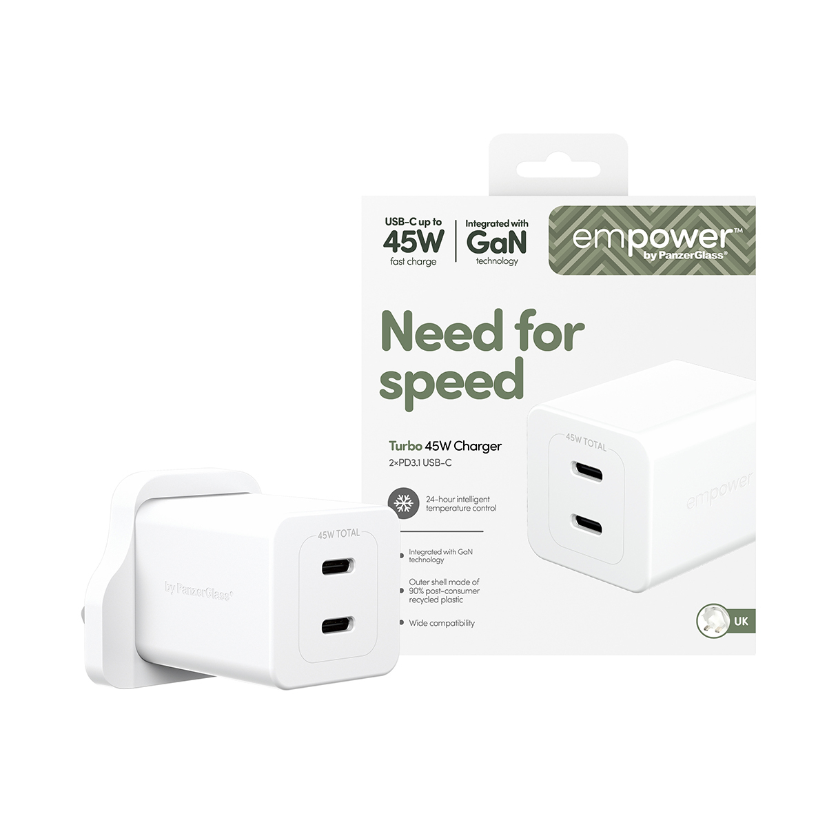 PanzerGlass empower™ by ® Turbo 45W Ladegarät inkl. 2 x USB-C | UK Anschluss | Silber Weiss, Weiß