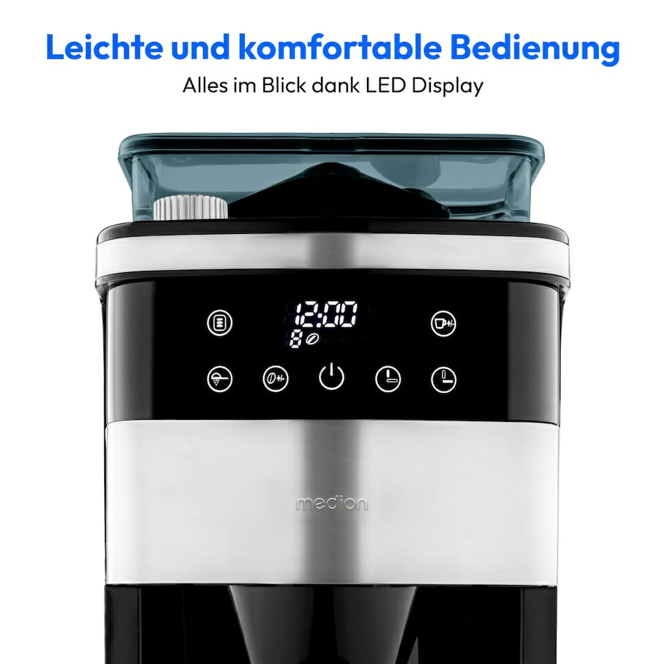 Medion KAFFEEMASCHINE MIT MAHLWERK MD 19911 8 Mahlstufen, 1 Liter Wassertank, Thermoskanne, Timer-Funktion, 800 - 1000 Watt, Filterkaffeemaschine, 1 l, Kaffeebohnen, Eingebautes Mahlwerk, 1000 W, Schwarz, Edelstahl