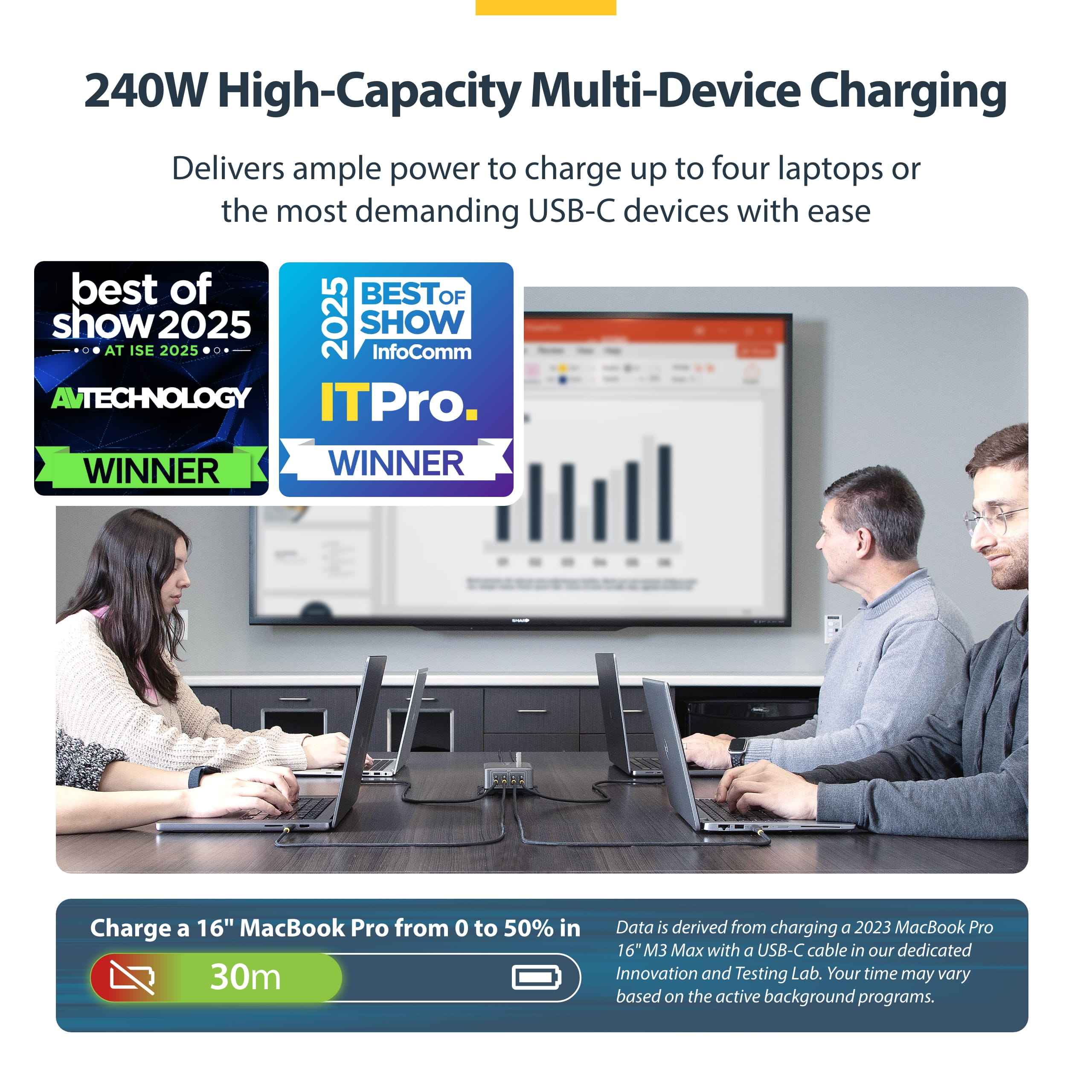 StarTech.com 4-Port USB-C Charger, 240W Total, Single Port 140W EPR - Netzteil - mit Oberflächenmontagehalterung - 240 Watt - 5 A - Power Delivery 3.1 - 4 Ausgabeanschlussstellen (USB-C)