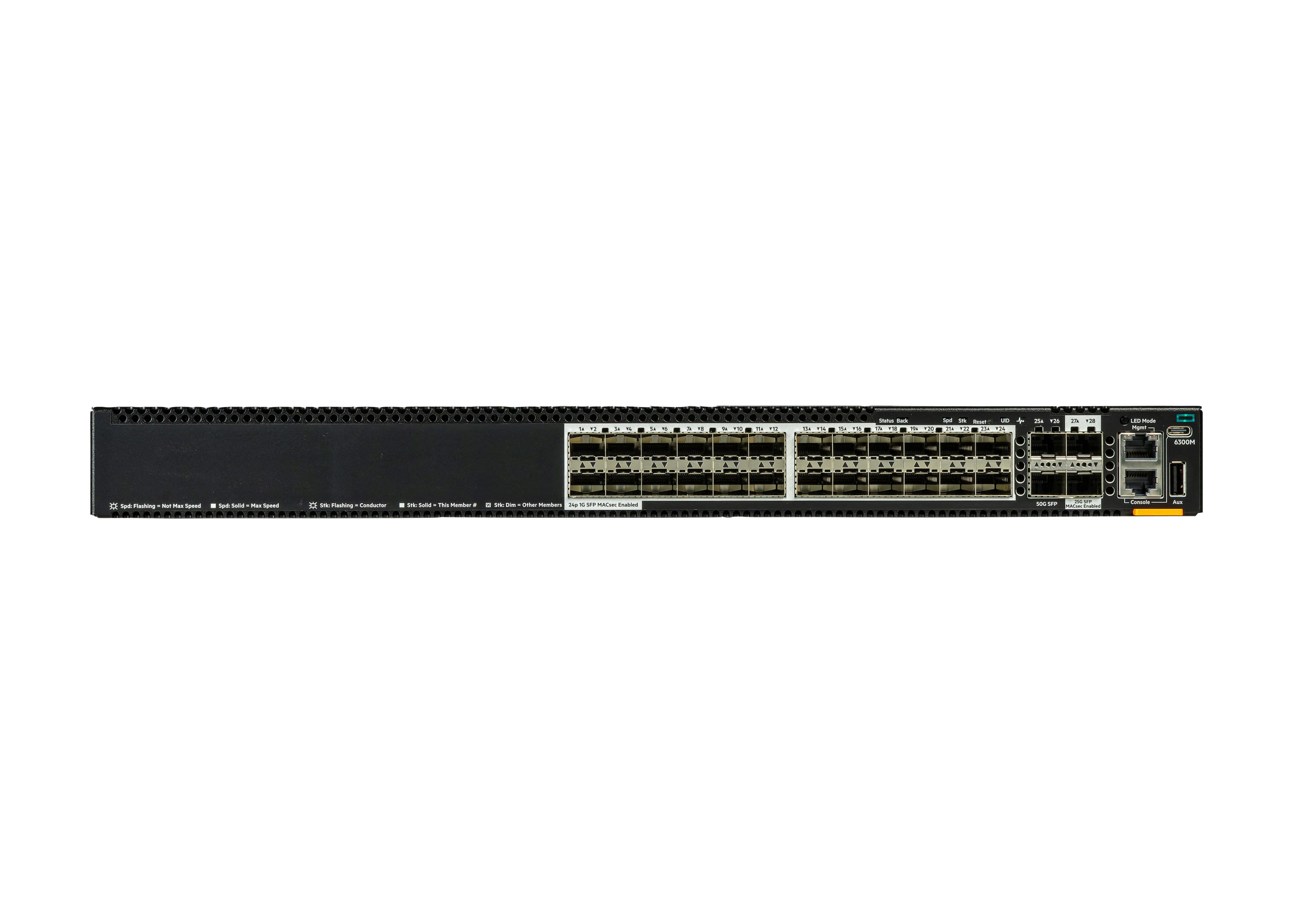 HPE Aruba Networking CX 6300M 24p SFP 1G 2p SFP56 50G 2p SFP28 25G MACsec Switch - Switch - L3 - managed - 24 x Gigabit SFP + 2 x 10 Gigabit / 25 Gigabit SFP + 2 x 10 Gigabit / 25 Gigabit / 50 Gigabit SFP (Uplink / Stacking)