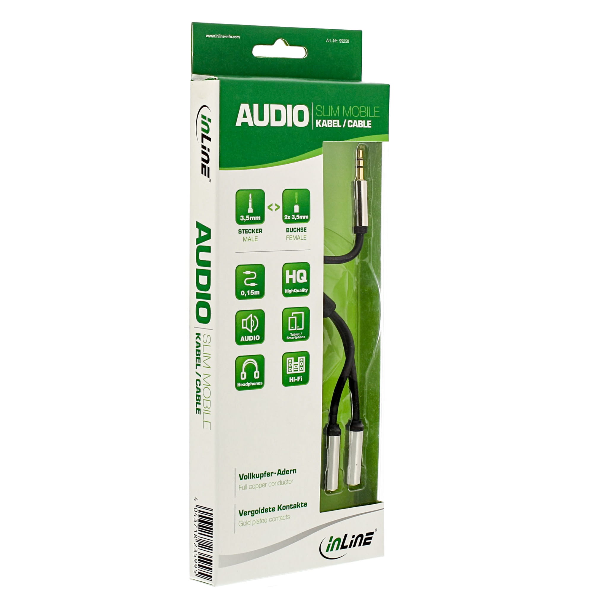 InLine Slim Audio Y-Kabel Klinke 3,5mm ST an 2x Klinke BU - 0,15m