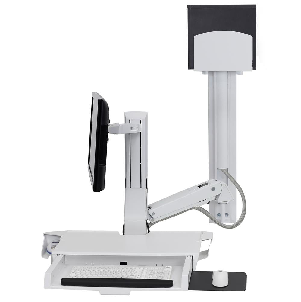 Ergotron SV Combo System with Worksurface & Pan, Medium CPU Holder - Befestigungskit (CPU-Halter, Handgelenkkissen, Wandmontagehalterung, Schienenmontage Halterungsset, Mausablage zum Herausziehen, Monitorhalterung, Ablage für Barcode-Scanner und Maus, 
