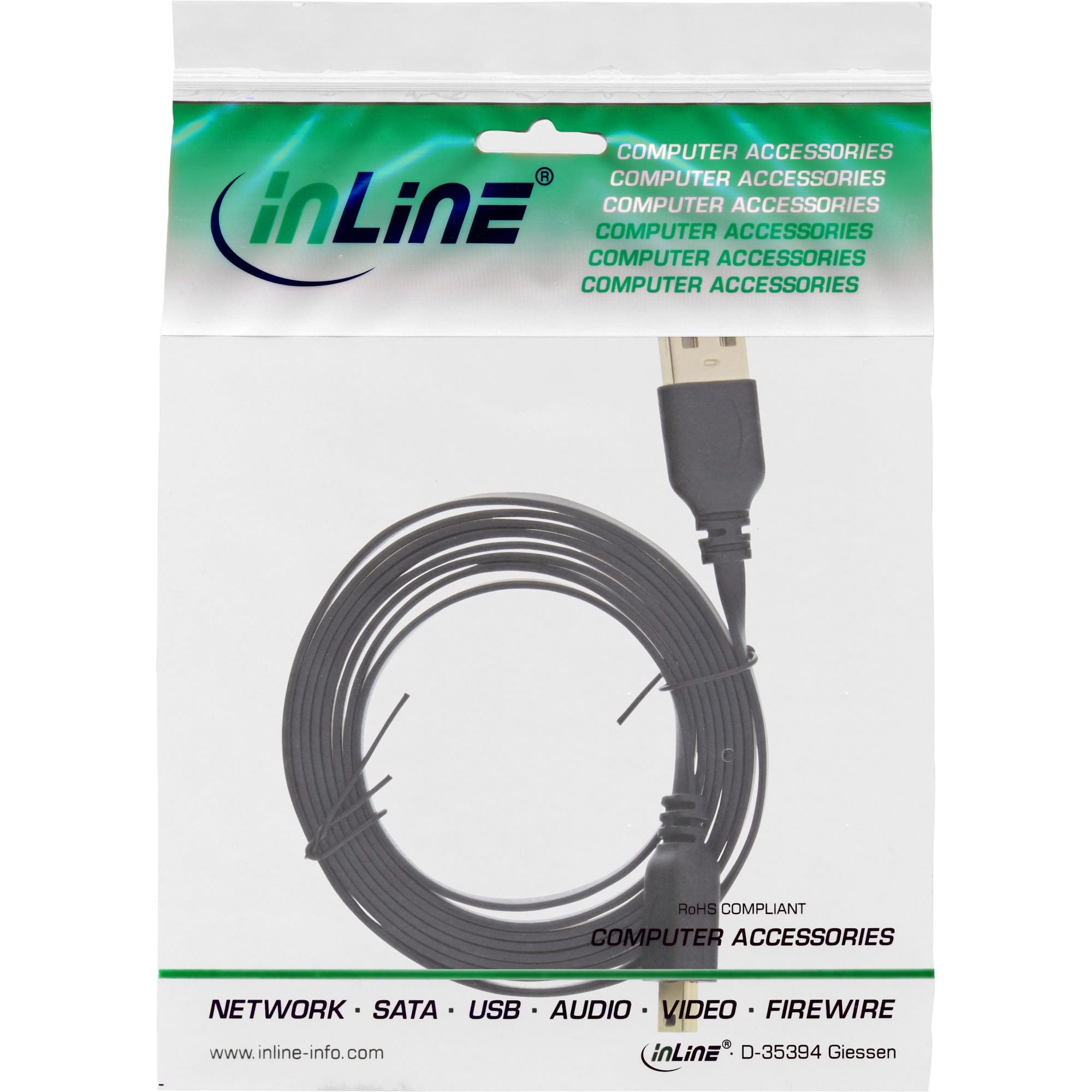 InLine USB 2.0 Flachkabel - USB A ST an Mini-B ST (5pol.) - schwarz - 5m