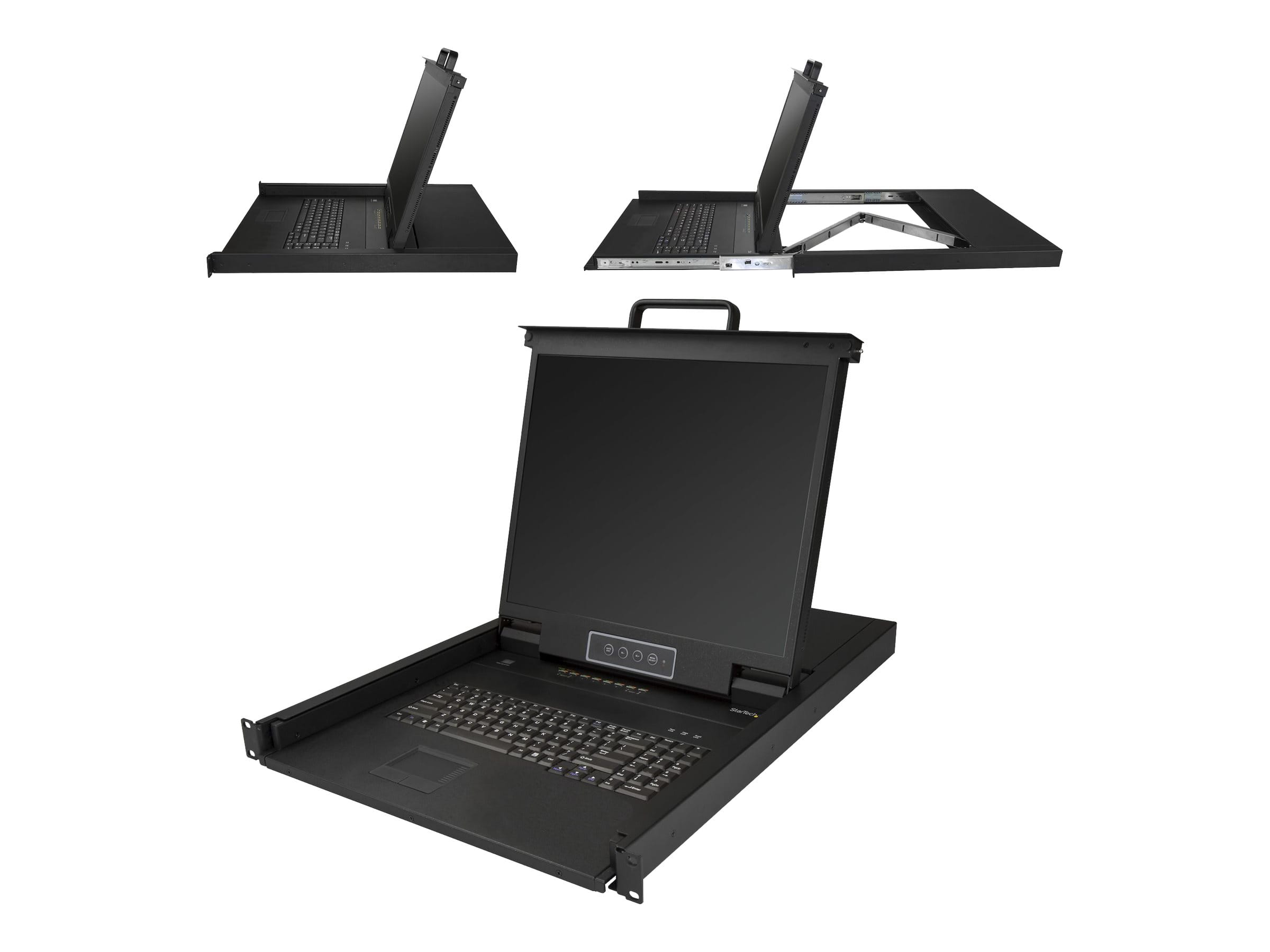 StarTech.com 8 Port Rack KVM Konsole mit 1,8 m Kabeln - US Tastatur(QWERTY), Integrierter KVM Switch mit 19" LCD Monitor - 1HE LCD KVM Konsole - OSD KVM - 50.000 MTBF - USB + VGA(RKCONS1908K) - KVM-Konsole mit KVM-Switch - 8 Anschlüsse - PS/2, USB - US-