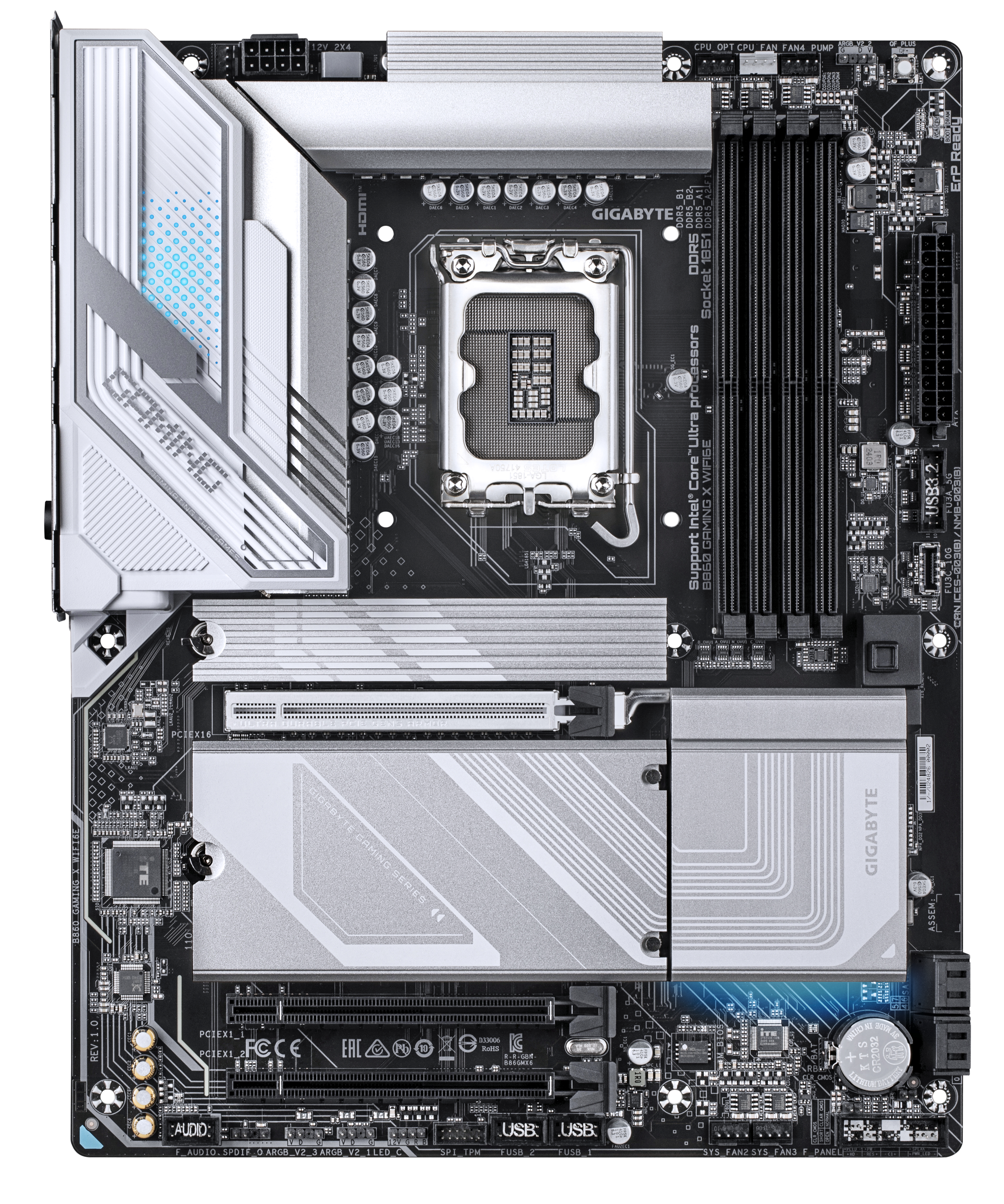 Gigabyte B860 GAMING X WIFI6E Mainboard - Intel Core Ultra CPUs, 12+1+2+1 Phasen VRM, bis zu 9066MHz DDR5, 1xPCIe 5.0 + 2xPCIe 4.0 M.2, 2,5 GbE LAN, WIFI 6E, USB4, Intel, LGA 1851 (Socket V1), Intel Core Ultra (Serie 1), Intel Core Ultra (Series 2), LGA