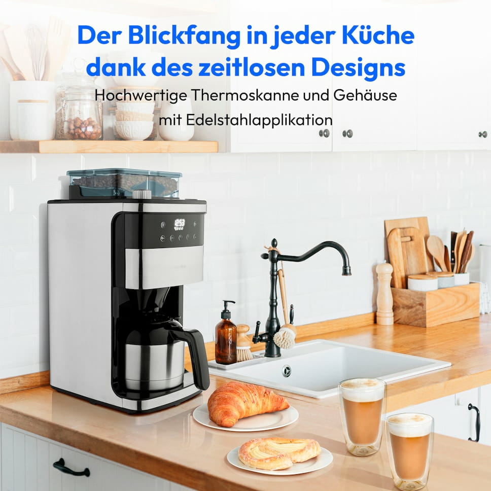Medion KAFFEEMASCHINE MIT MAHLWERK MD 19911 8 Mahlstufen, 1 Liter Wassertank, Thermoskanne, Timer-Funktion, 800 - 1000 Watt, Filterkaffeemaschine, 1 l, Kaffeebohnen, Eingebautes Mahlwerk, 1000 W, Schwarz, Edelstahl