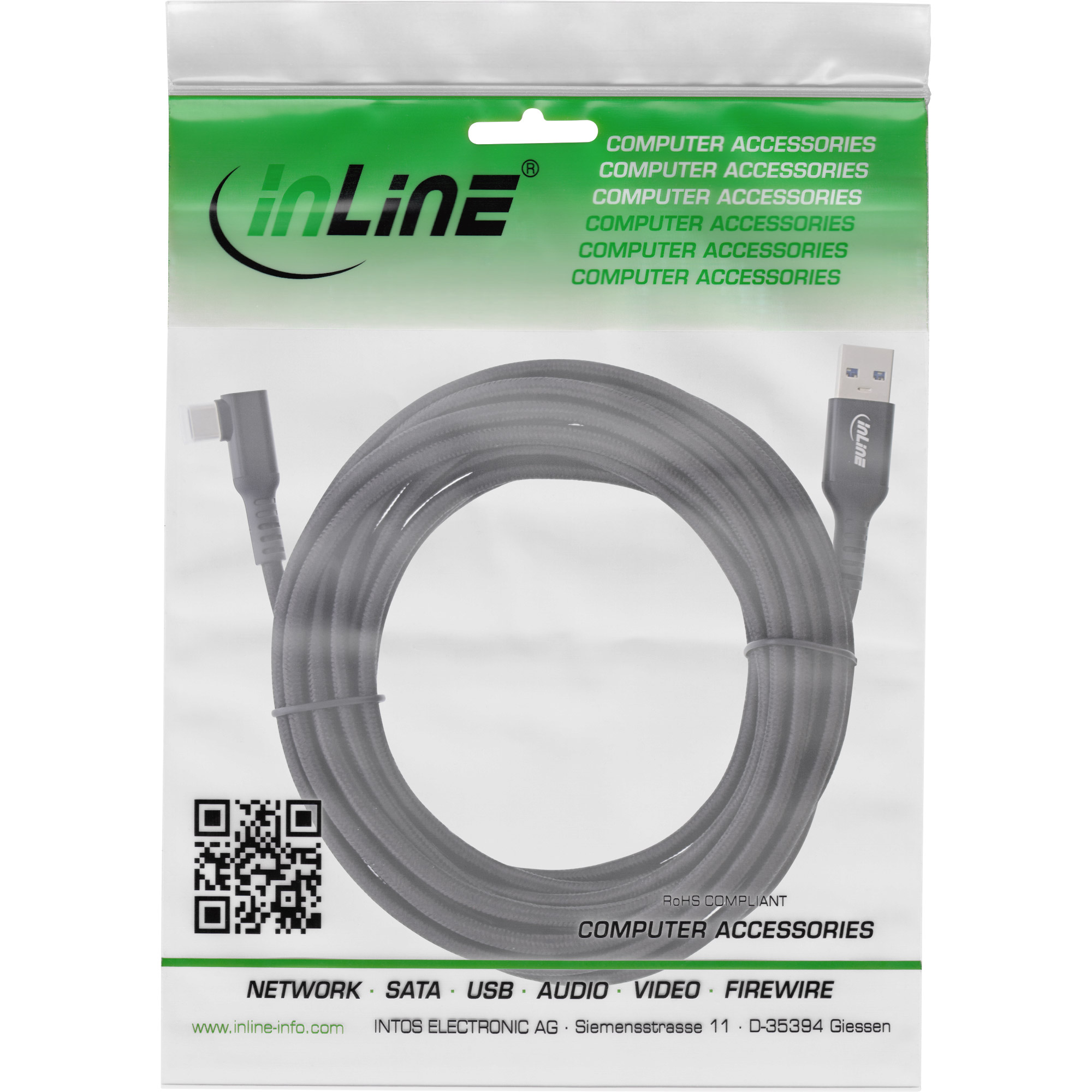 InLine USB 3.2 Gen.1 Kabel - USB-C St gewinkelt - USB-A St für VR - schwarz - 5m