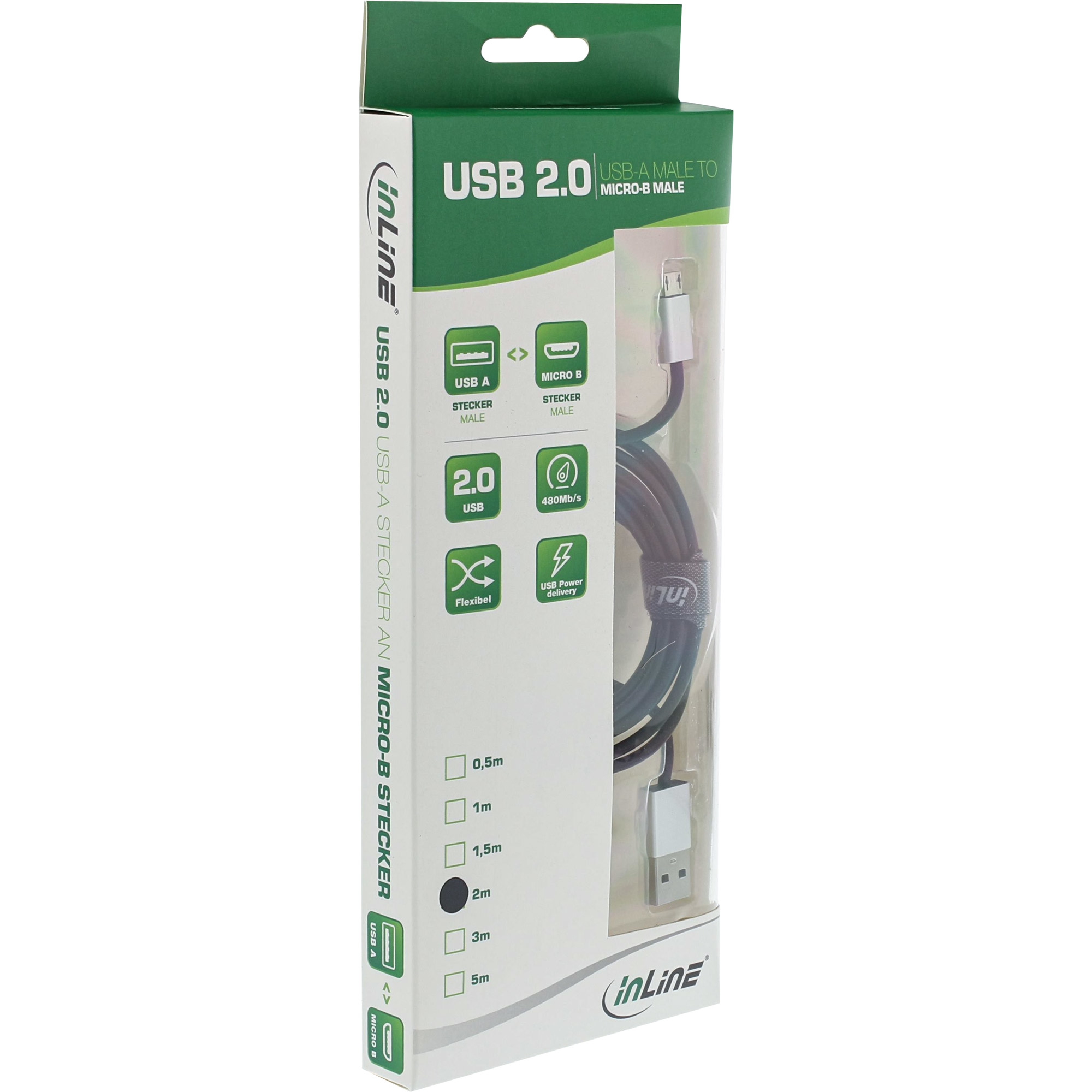 InLine Micro-USB 2.0 Kabel - USB-A ST an Micro-B ST - schwarz/Alu - flexibel - 2m