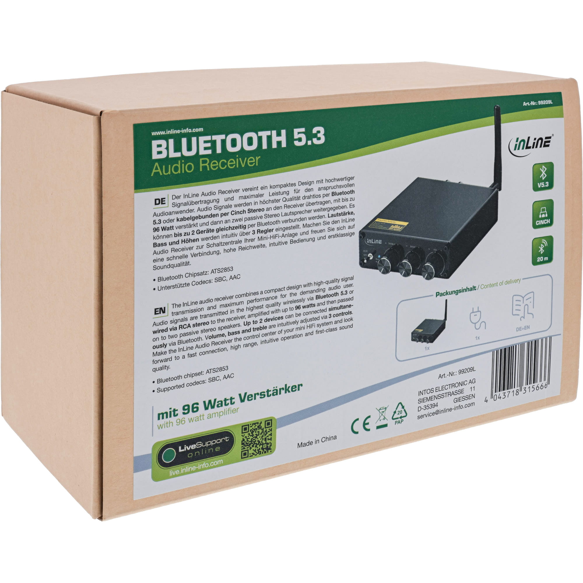 InLine Bluetooth 5.3 Audio Receiver mit 96 Watt Verstärker
