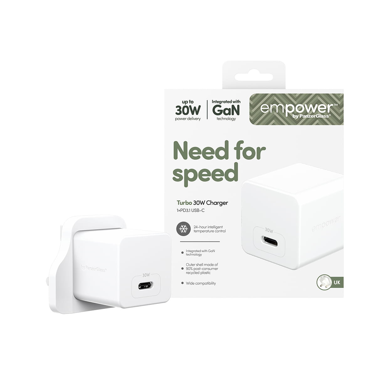 PanzerGlass empower™ by ® Turbo 30W Ladegarät Single USB-C | UK Anschluss | Silber Weiß, Weiß