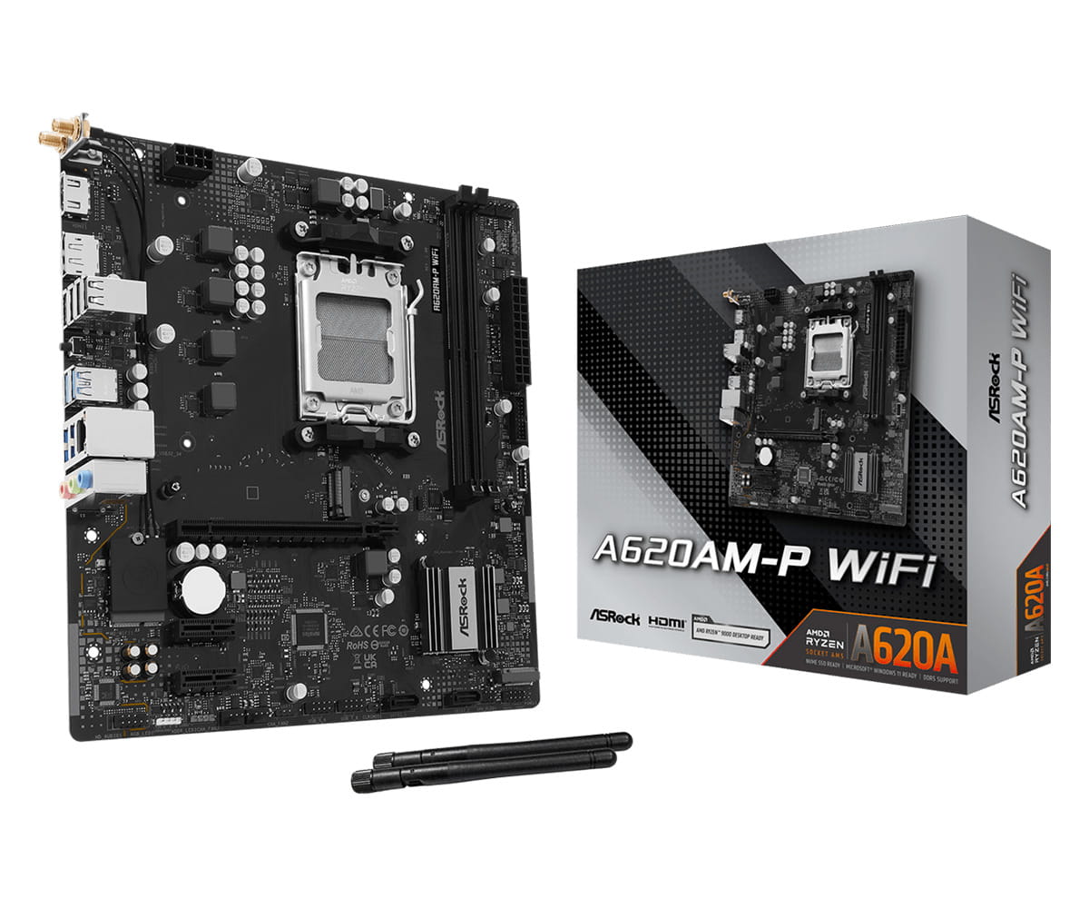 ASRock A620AM-P WIFI, AMD, Sockel AM5, AMD Ryzen 9000 Series, AMD Ryzen 8000 Series, AMD Ryzen 7000 Series, DDR5-SDRAM, 128 GB, DIMM
