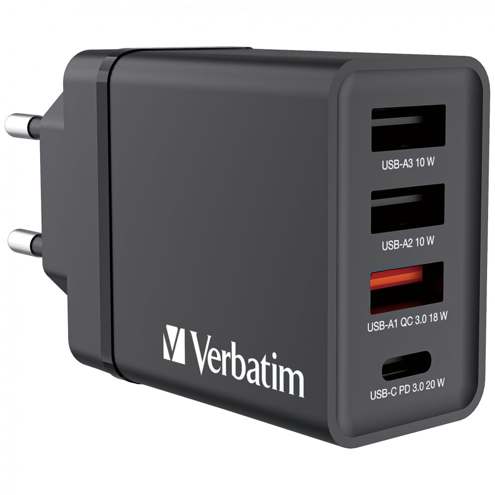 Verbatim Netzteil - 30 Watt - 5 A - PD 3.0, QC 3.0 - 4 Ausgabeanschlussstellen (24 pin USB-C, 3 x USB Typ A)