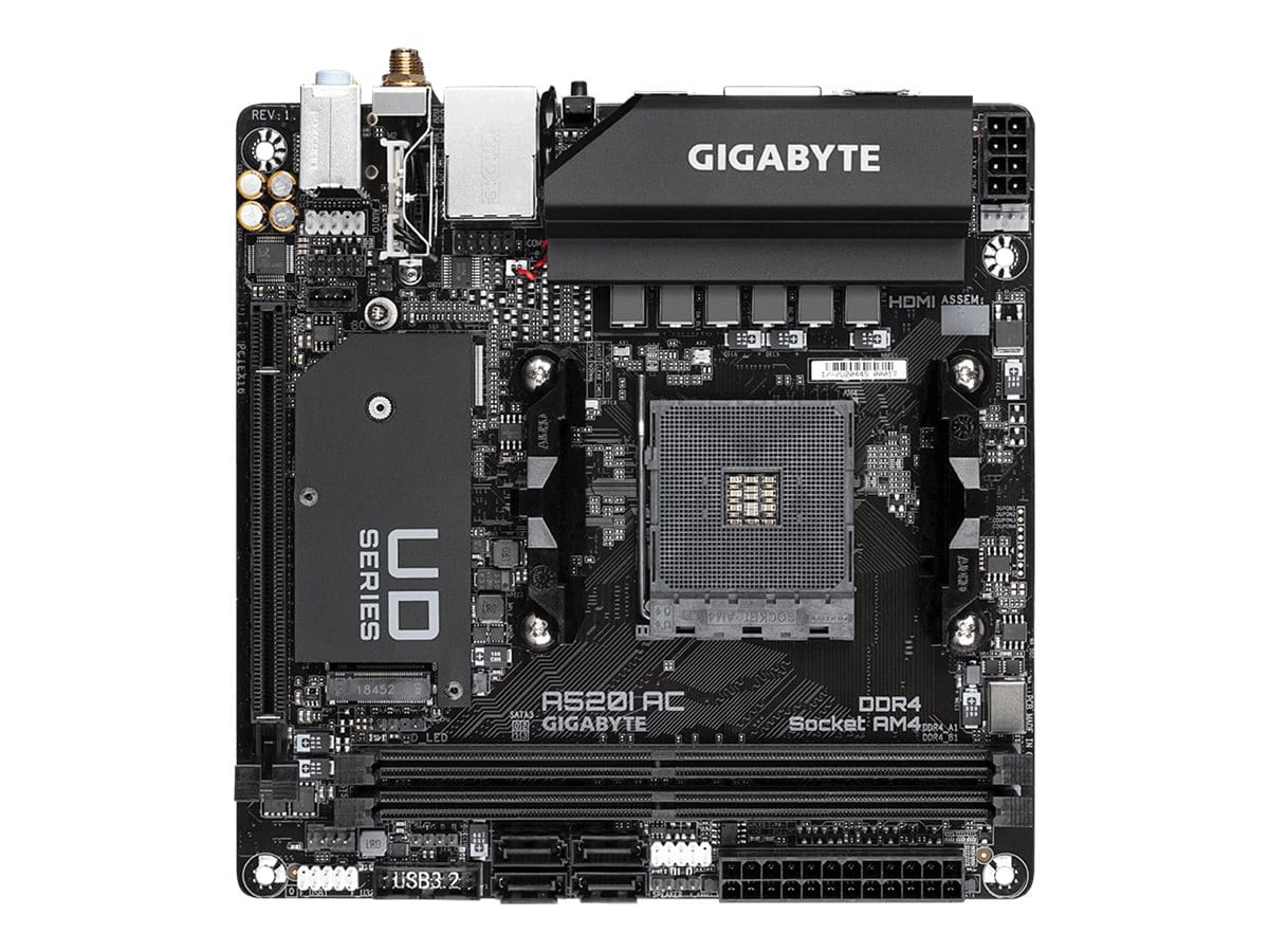 Gigabyte A520I AC - 1.0 - Motherboard - Mini-ITX - Socket AM4 - AMD A520 Chipsatz - USB 3.2 Gen 1 - Gigabit LAN, Wi-Fi, Bluetooth - Onboard-Grafik (CPU erforderlich)
