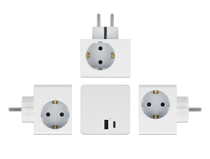 Delock Socket splitter - mit Kindersicherung - Wechselstrom 250 V - 3680 Watt - Eingabe, Eingang power CEE 7/7 - Ausgangsanschlüsse: 3 (power CEE 7/3, USB, 24 pin USB-C)