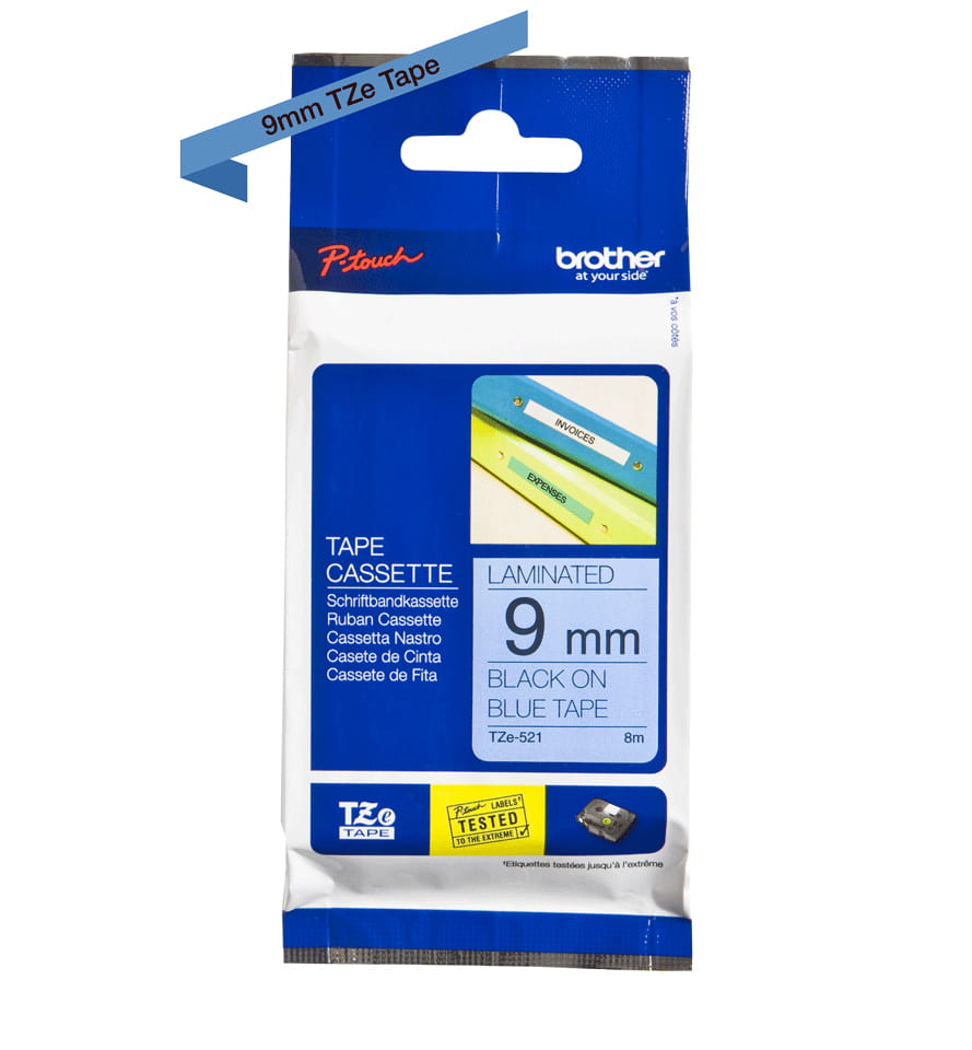 Brother TZe-521 - Schwarz auf Blau - Rolle (0,9 cm x 8 m)