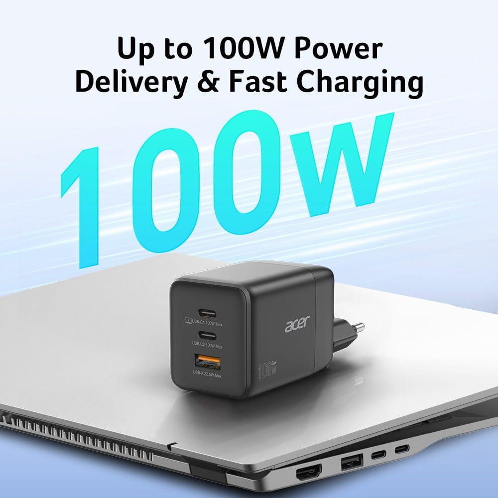 Acer Netzteil - PPS- und GaN-Technologie - 100 Watt - PD 3.0 - 3 Ausgabeanschlussstellen (USB, 2 x USB-C)