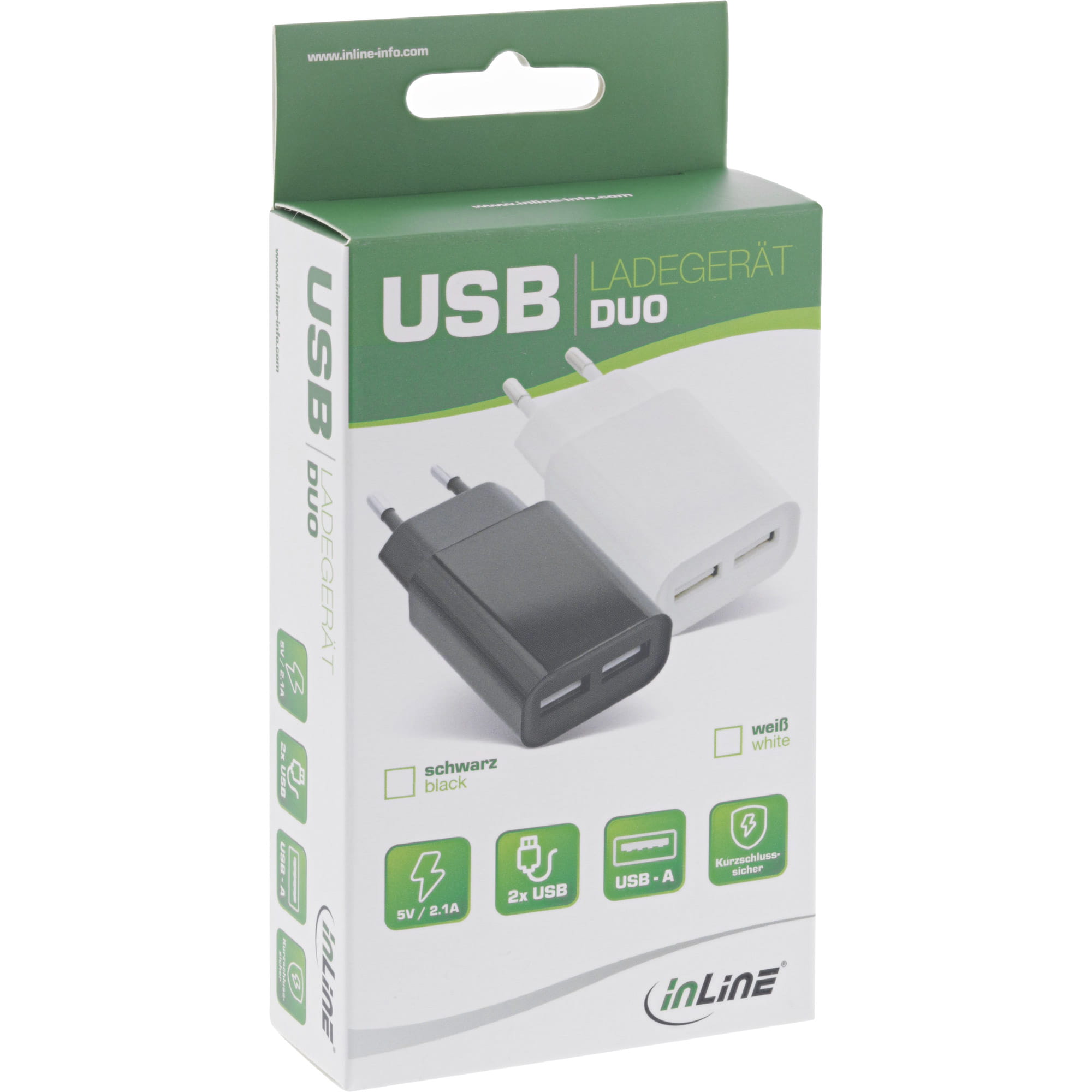 InLine USB Ladegerät DUO - Netzteil 2-fach - 100-240V zu 5V/2.1A - weiß