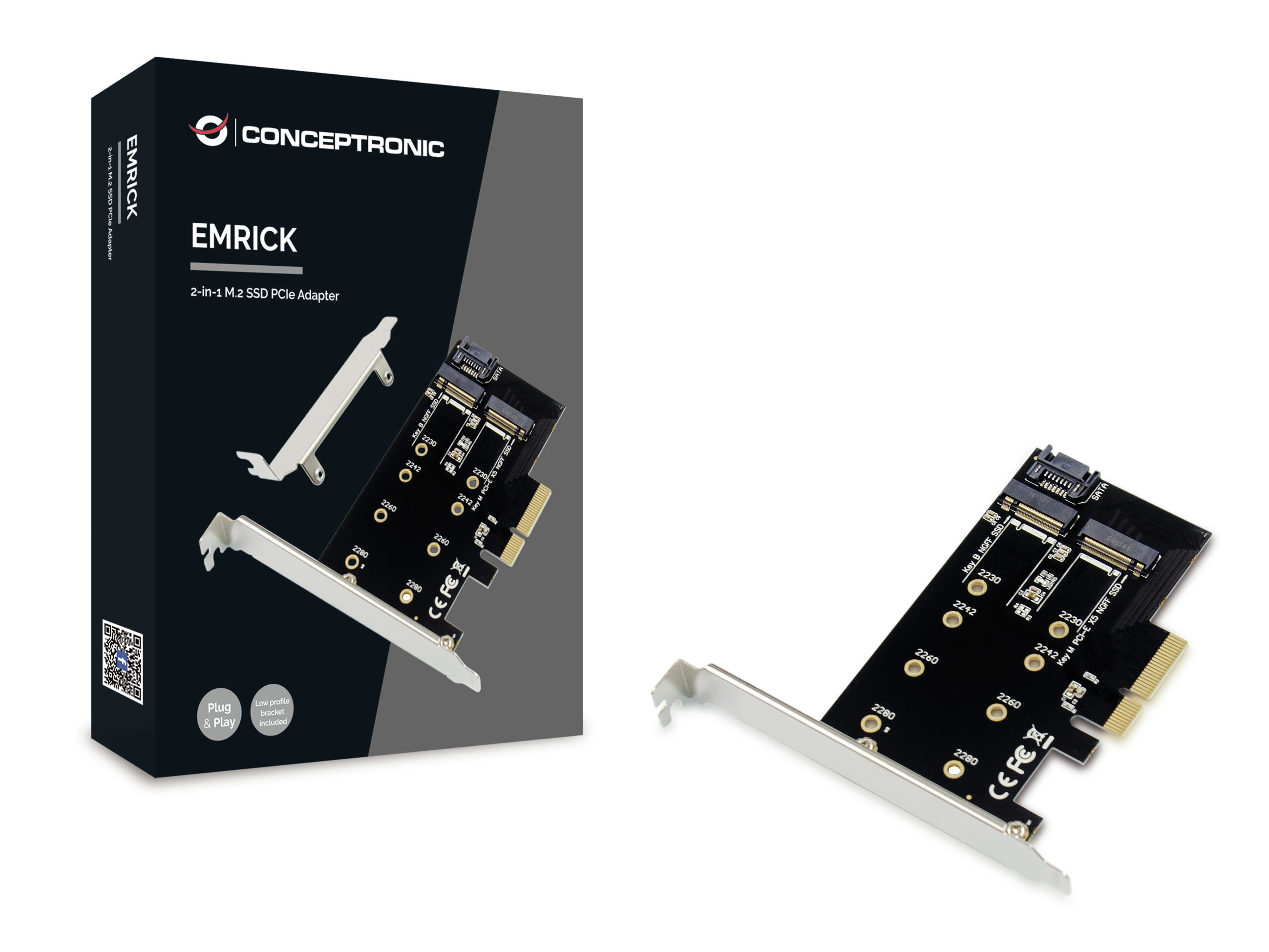 Conceptronic EMRICK 2-in-1-M.2-SSD-PCIe-Adapter SATA AHCI NVMe, PCIe, M.2, PCIe 3.0, Passiv, China, JMB585