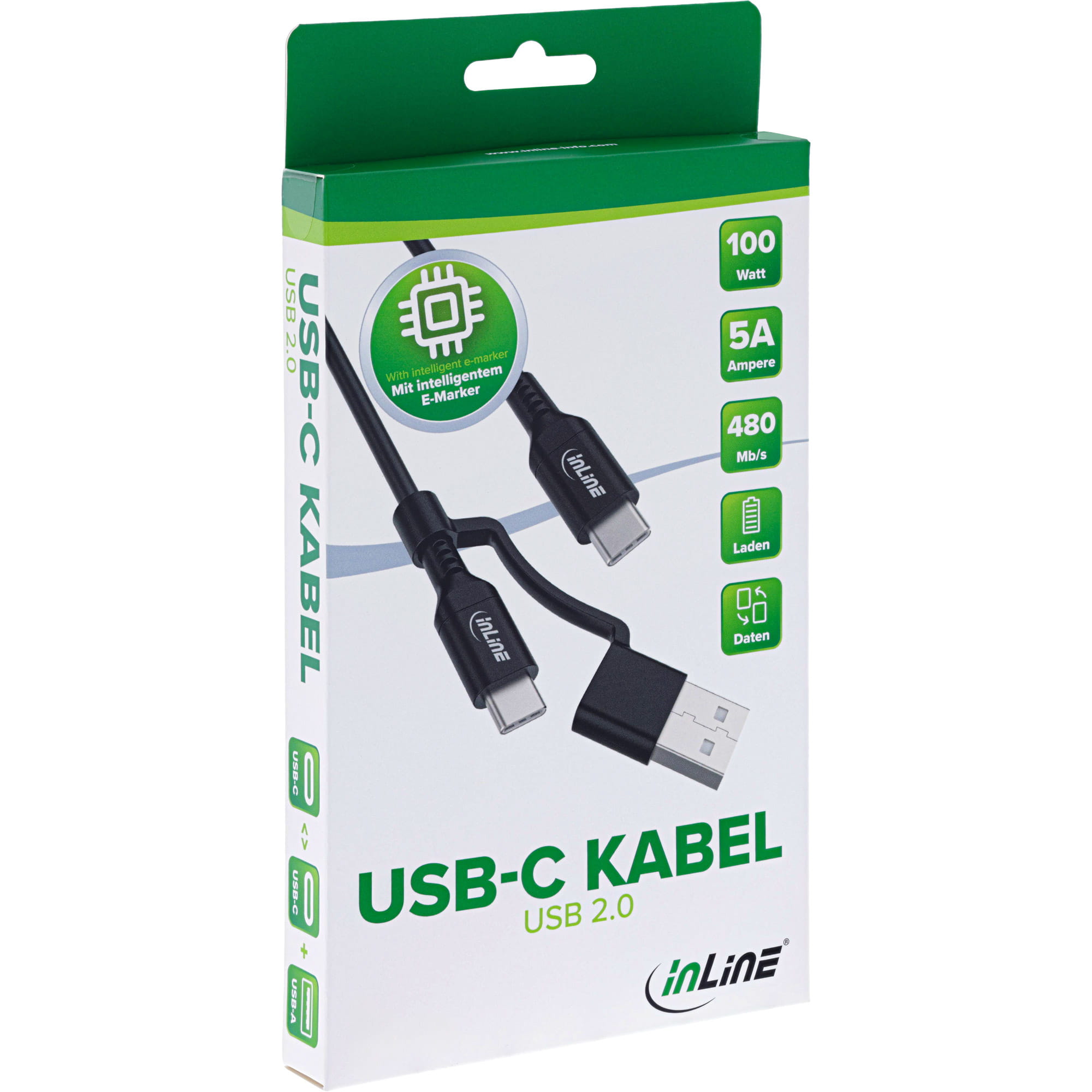 InLine 2-in-1 USB-C Kabel + USB-A Adapter - USB 2.0 - 100W - TPE - schwarz - 1m