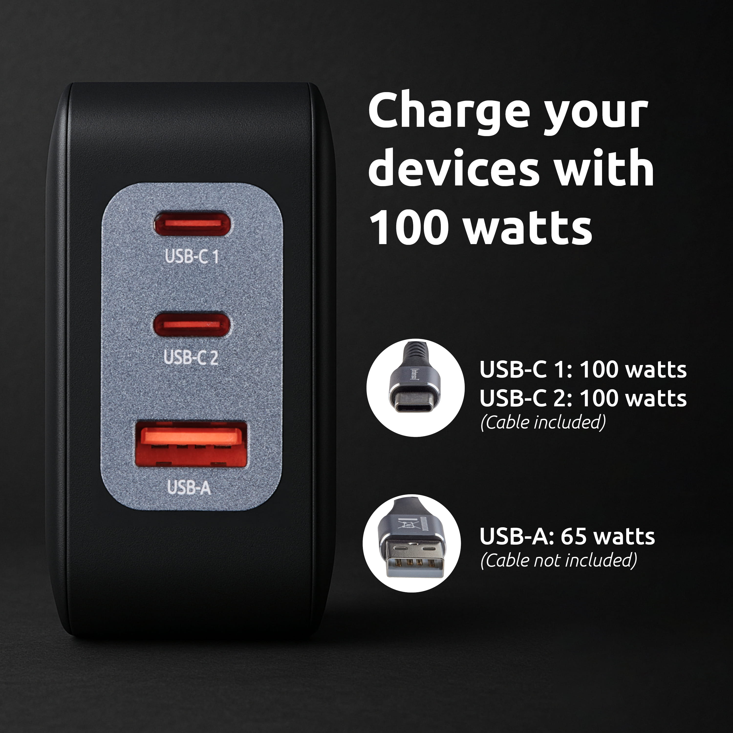 Intenso W100ACC+C520C, Set Power Adapter + Ladekabel, 100W, Schnellladen, GaN, 3 Geräte gleichzeitig Laden, schwarz, Drinnen, 120 - 140 V, 50/60 Hz, 100 W, 21 V, Schwarz