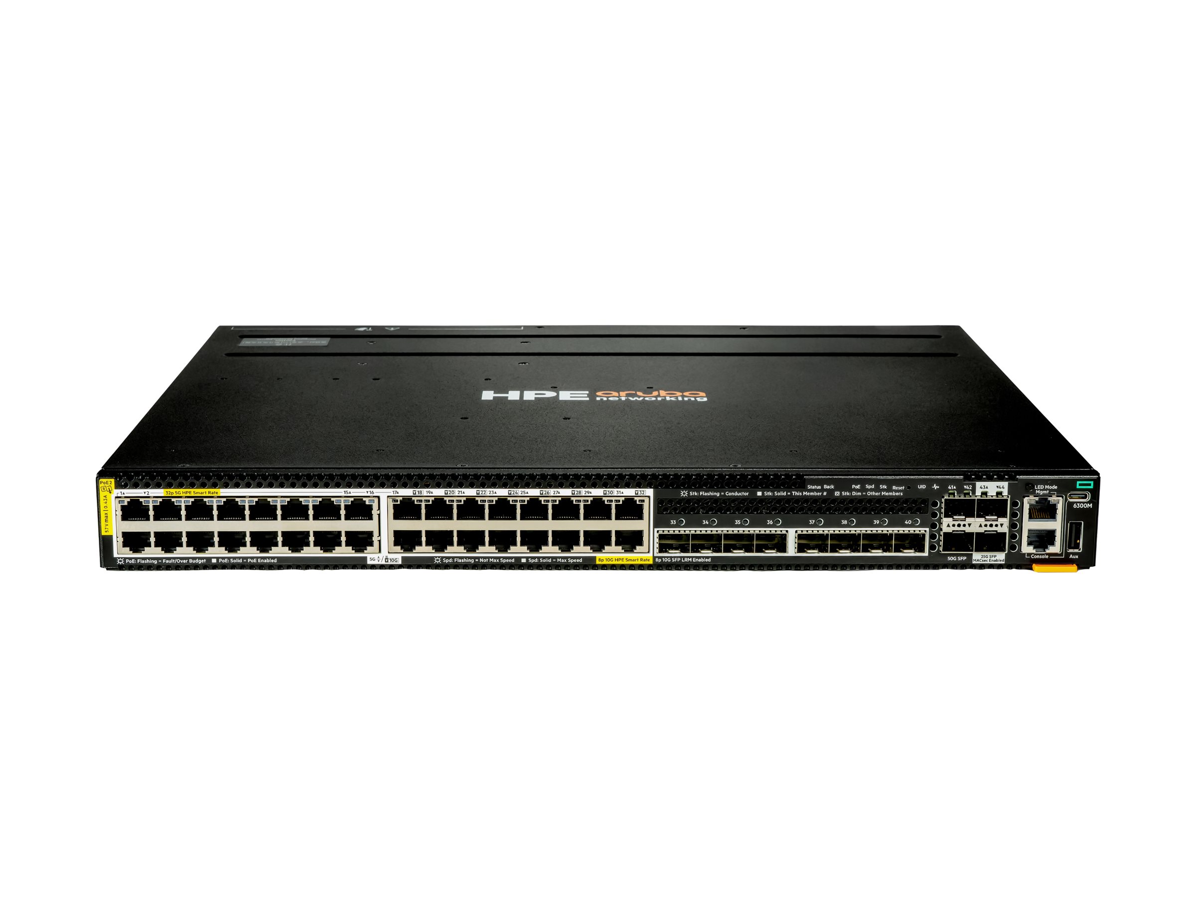 HPE Aruba Networking CX 6300M 32p Smart Rate 5G CL8 8p SFP+ 10G LRM 2p SFP56 50G 2p SFP28 25G MACsec Switch - Switch - L3 - managed - 32 x 1/2.5/5GBase-T (PoE++)