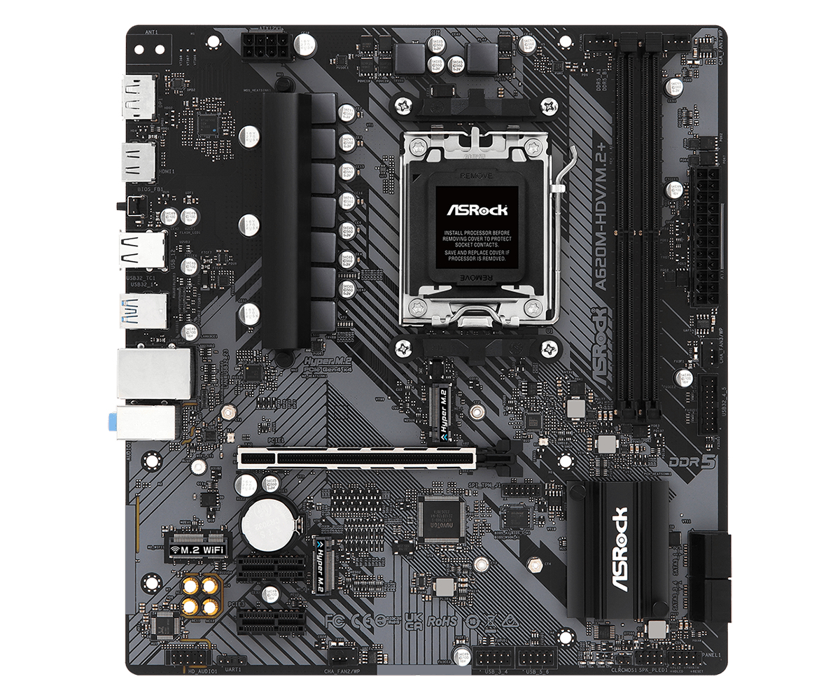 ASRock A620M-HDV/M.2+ - Motherboard - micro ATX - Socket AM5 - AMD A620 Chipsatz - USB 3.2 Gen 1, USB-C 3.2 Gen 1 - Gigabit LAN - Onboard-Grafik (CPU erforderlich)