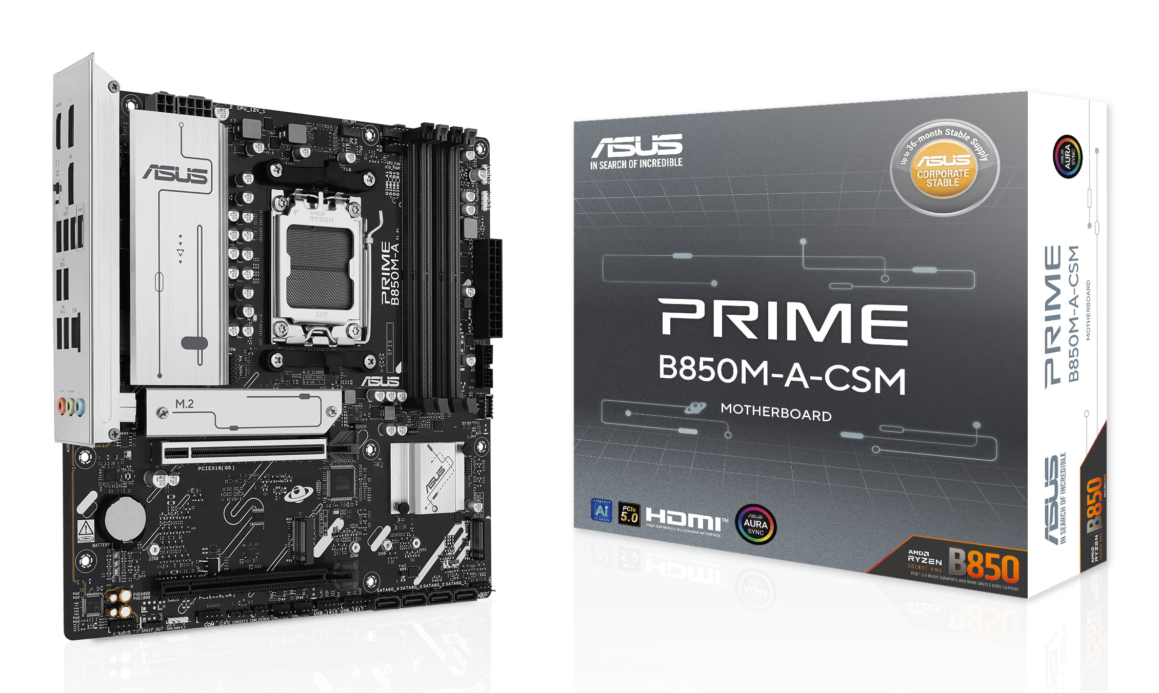 ASUS PRIME B850M-A-CSM - Motherboard - micro ATX - Socket AM5 - AMD B850 Chipsatz - USB 3.2 Gen 2, USB 3.2 Gen 1, USB-C 3.2 Gen 1 - 2.5 Gigabit LAN - Onboard-Grafik (CPU erforderlich)