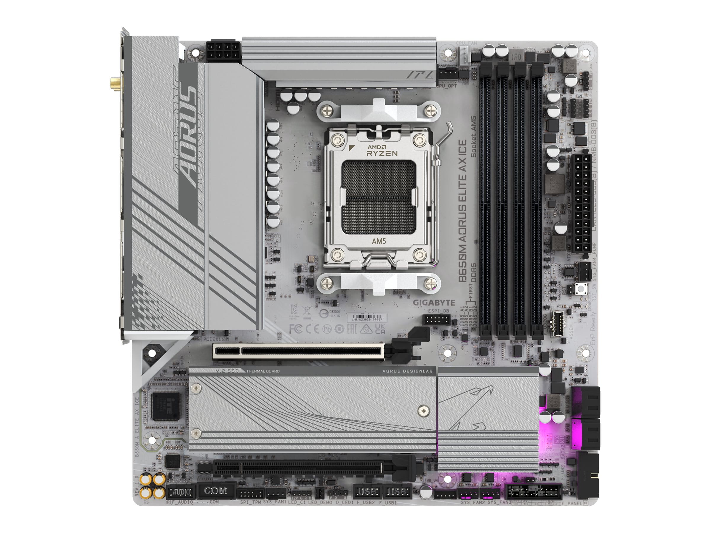 Gigabyte B650M AORUS ELITE AX ICE - Motherboard - micro ATX - Socket AM5 - AMD B650 Chipsatz - USB-C 3.2 Gen2, USB 3.2 Gen 2, USB 3.2 Gen 1, USB-C 3.2 Gen 2x2 - 2.5 Gigabit LAN, Wi-Fi 6E, Bluetooth - Onboard-Grafik (CPU erforderlich)