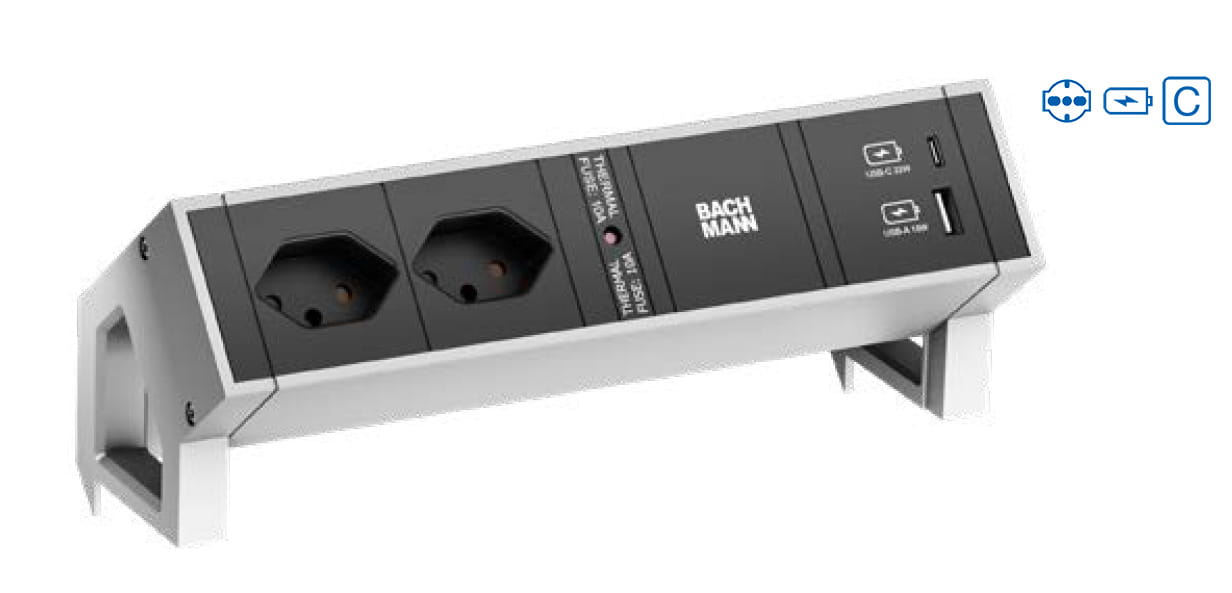 Bachmann DESK 2 - Steckdosenleiste - included mounting bracket - Wechselstrom 250 V - Ausgangsanschlüsse: 2 (24 pin USB-C, USB, 2 x CEI 23-50 P 40)