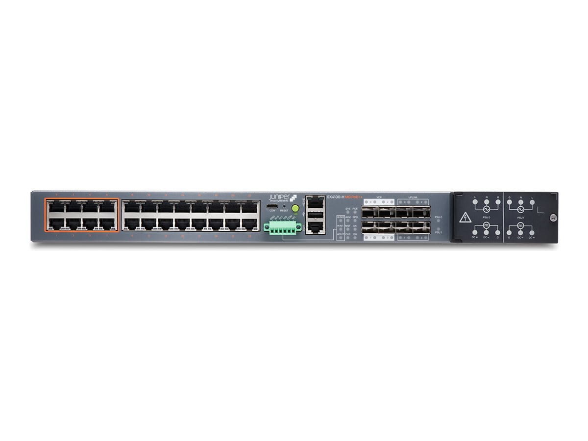 Juniper EX Series EX4100-H-24F-DC - Switch - L3 - managed - 16 x 10/100/1000Base-T + 4 x 100/1000/2.5G + 4 x 10 Gigabit (Uplink)