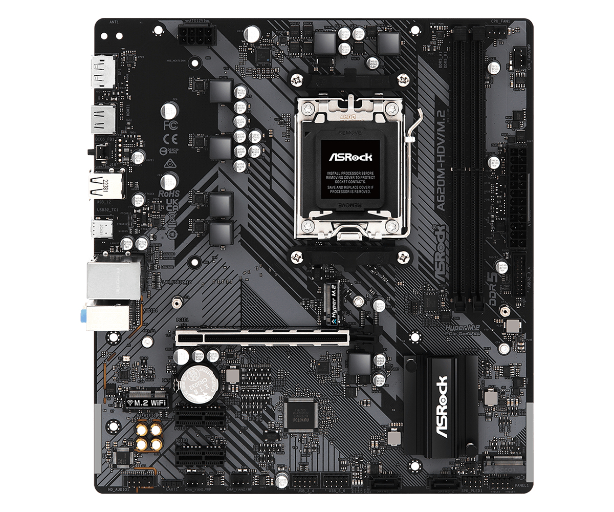 ASRock A620M-HDV/M.2 - Motherboard - micro ATX - Socket AM5 - AMD A620 Chipsatz - USB 3.2 Gen 1, USB-C 3.2 Gen 1 - Gigabit LAN - Onboard-Grafik (CPU erforderlich)