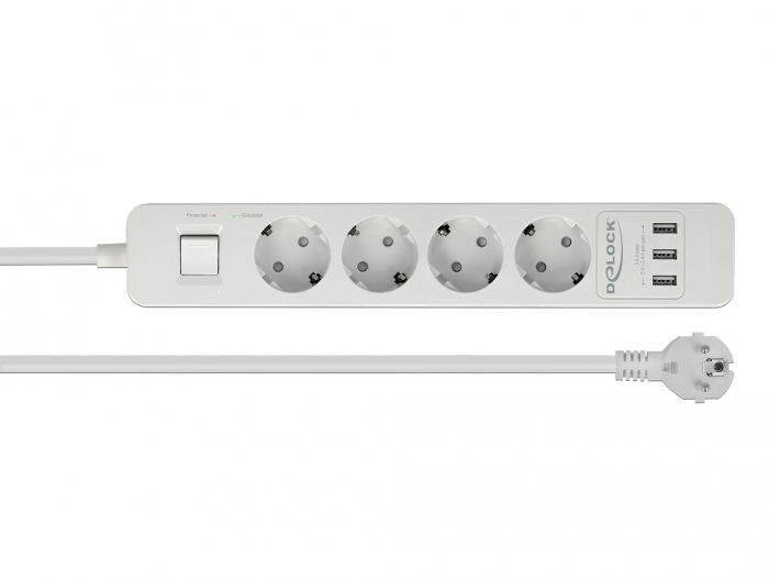 Delock Extension Socket - Steckdosenleiste - Wechselstrom 250 V - 4000 Watt - Eingabe, Eingang power CEE 7/7 - Ausgangsanschlüsse: 4 (3 x USB Typ A, 4 x CEE 7/3)