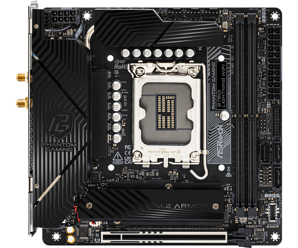 ASRock Phantom Gaming B760I LIGHTNING WIFI - Motherboard - Mini-ITX - LGA1700-Sockel - B760 Chipsatz - USB 3.2 Gen 1, USB 3.2 Gen 2, USB-C 3.2 Gen 1, USB-C 3.2 Gen2 - Wi-Fi 6E, Bluetooth - Onboard-Grafik (CPU erforderlich)