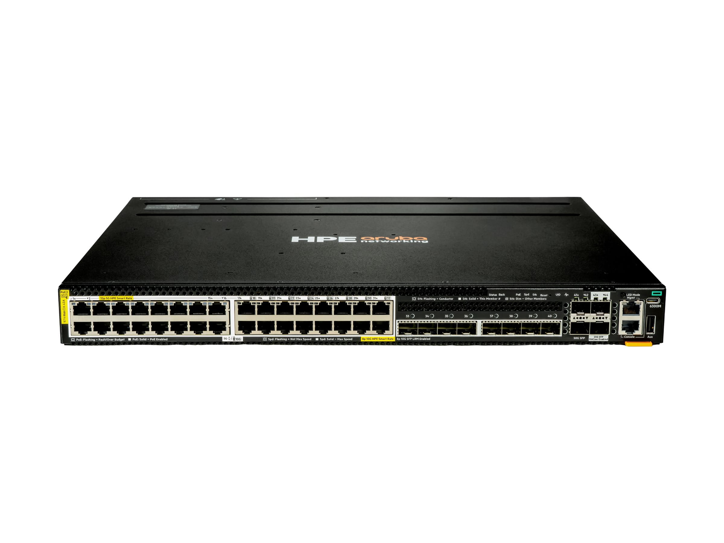 HPE Aruba Networking CX 6300M 32p Smart Rate 5G CL8 8p SFP+ 10G LRM 2p SFP56 50G 2p SFP28 25G MACsec TAA Switch - Switch - L3 - managed - 32 x 1/2.5/5GBase-T (PoE++)