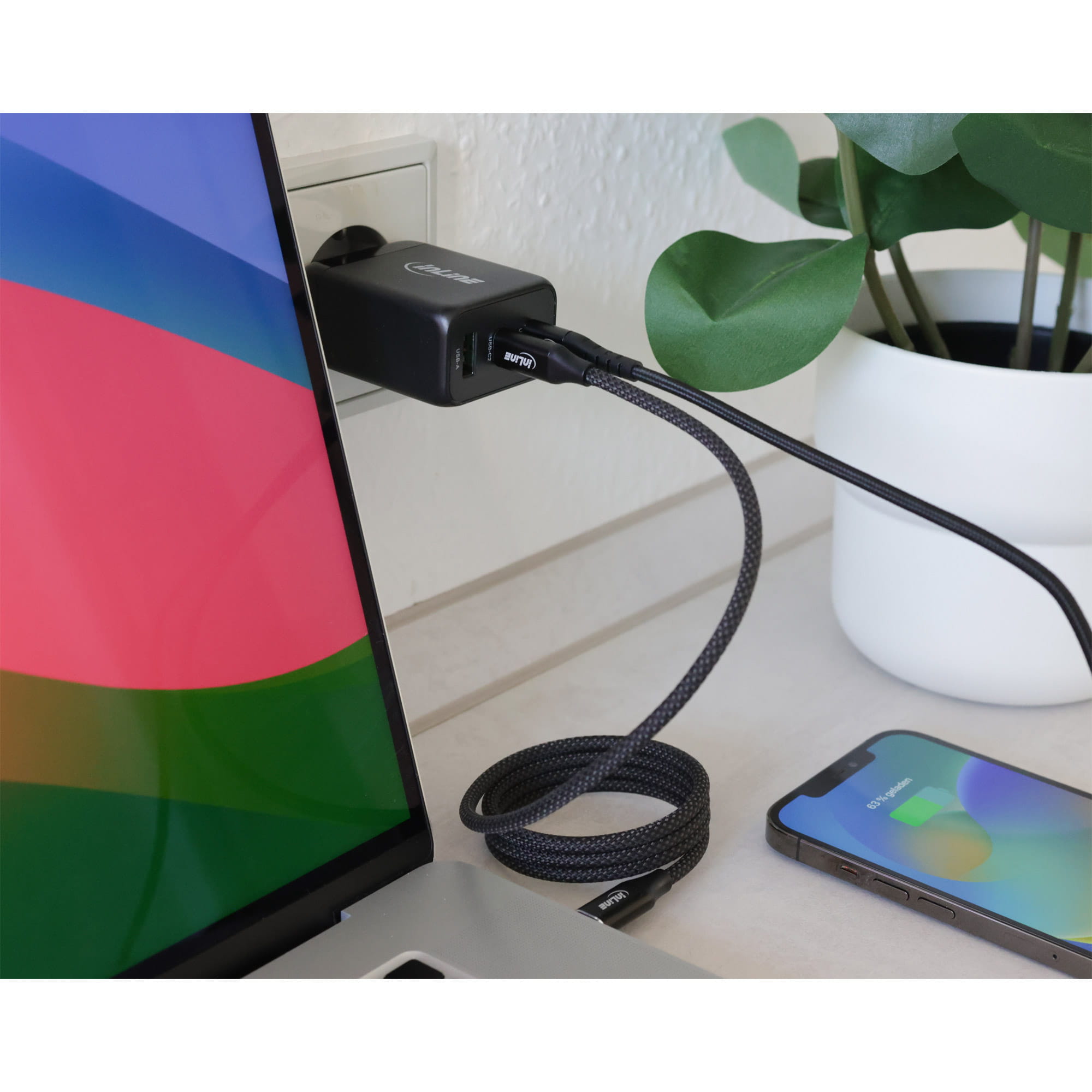 InLine USB PD Netzteil - GaN Ladegerät - 3-Port - Dual USB-C+USB-A - 65W - schwarz