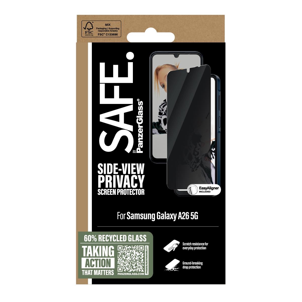 PanzerGlass SAFE. by ® Privacy Displayschutz Samsung Galaxy A26 5G | Ultra-Wide Fit m. EasyAligner, Samsung, Samsung - Galaxy A26 5G, Trockene Anwendung, Kratzresistent, Schockresistent, Transparent, 1 Stück(e)