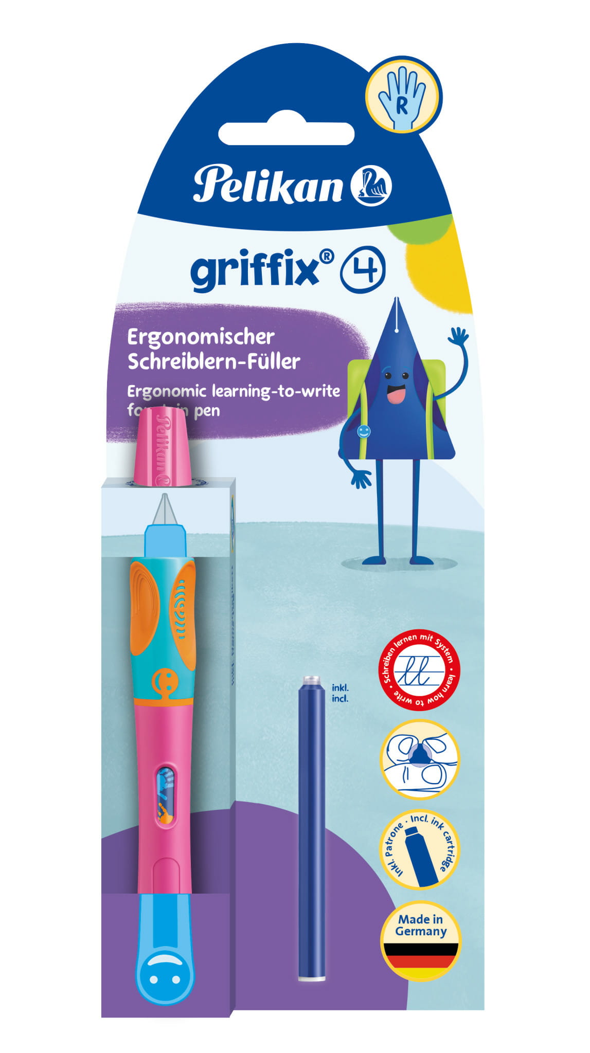 Pelikan griffix® Füller für Rechtshänder, Lovely Pink, Pink, Kartuschenfüllsystem, Blau, Kunststoff, Edelstahl, Rechtshändig