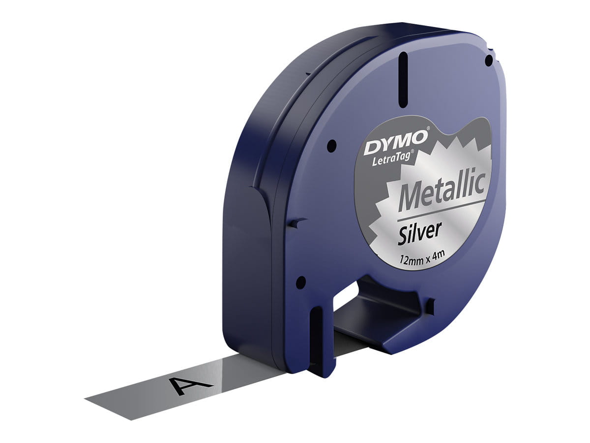 Dymo Original LetraTag Metallic Etikettenband | schwarz auf Metallic-Silber | 12 mm x 4 m | selbstklebendes Etiketten | für LetraTag-Beschriftungsgerät, Schwarz auf Metallic, Polyester, Belgien, DYMO, LetraTag 100T, LetraTag 100H, 1,2 cm