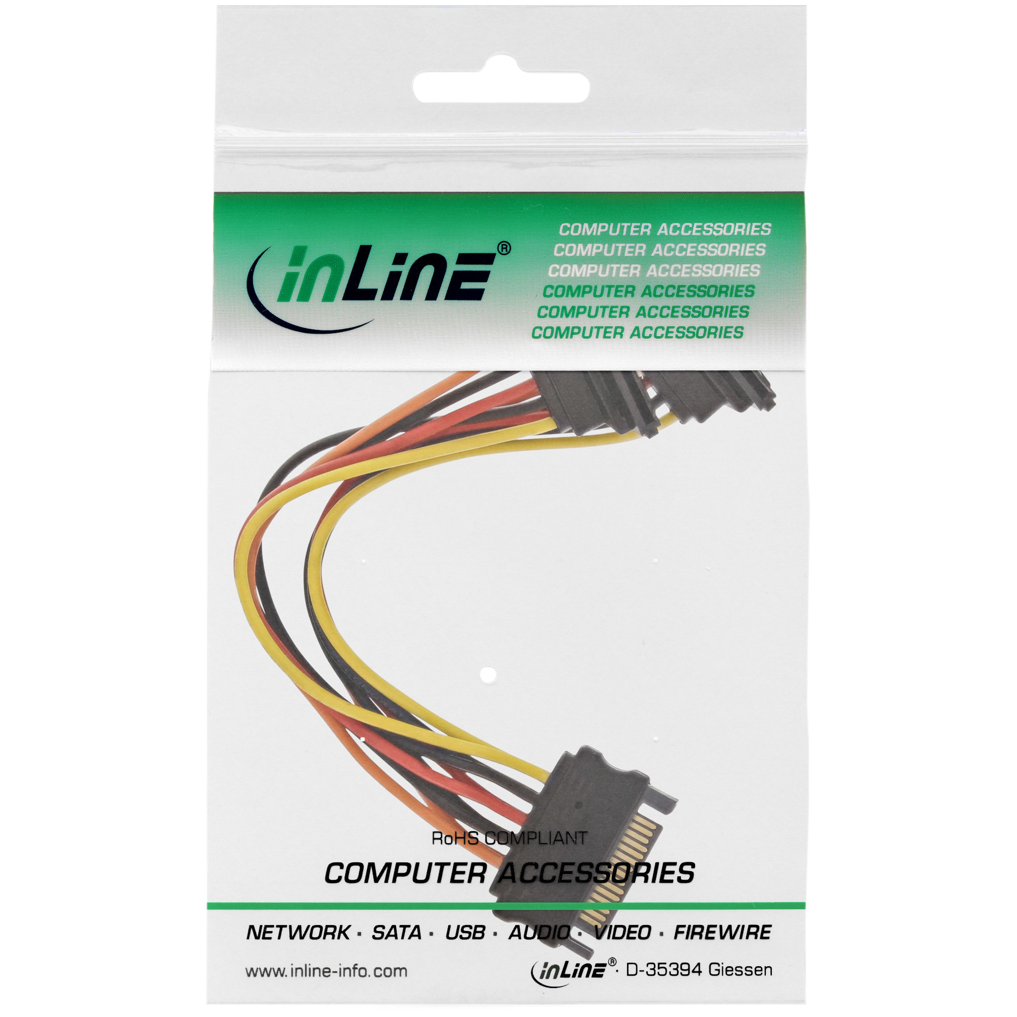 InLine SATA Strom-Y-Kab. - SATA BU/2x SATA ST gew. - m. Sicherheitslaschen - 0,15m