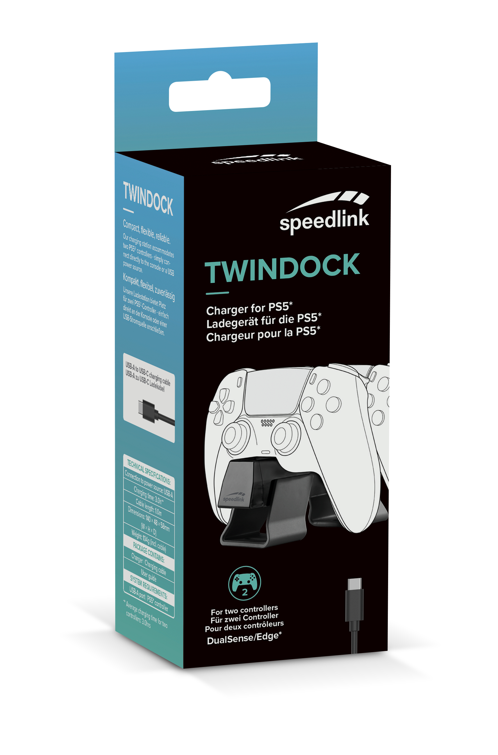 SPEEDLINK TWINDOCK, PlayStation 5, Ladestation, Schwarz, USB, Kabelgebunden, 3 h