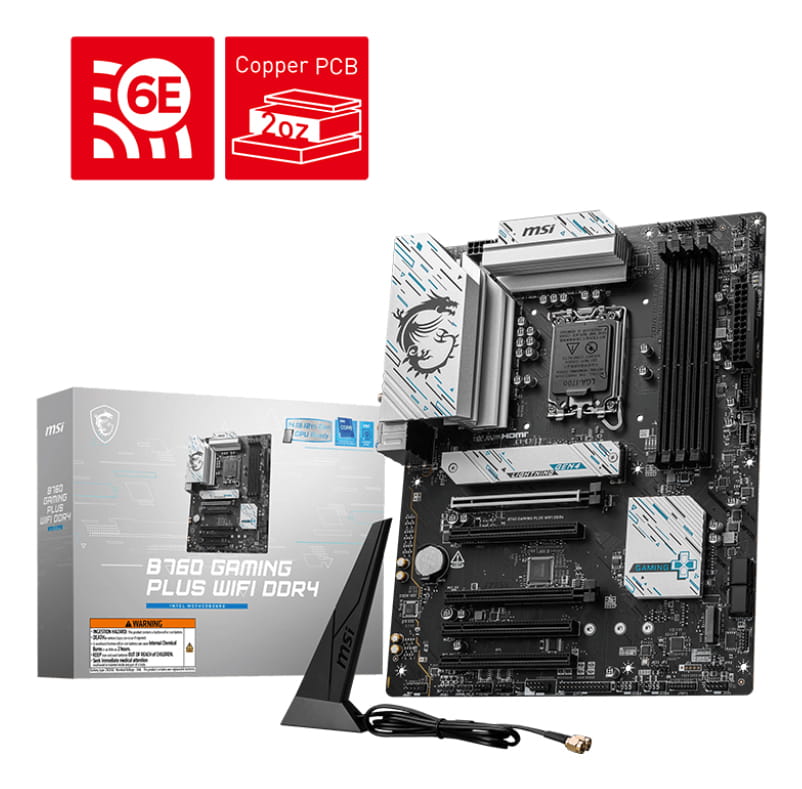 MSI B760 GAMING PLUS WIFI DDR4 - Motherboard - ATX - LGA1700-Sockel - B760 Chipsatz - USB 3.2 Gen 1, USB 3.2 Gen 2, USB-C 3.2 Gen2, USB-C 3.2 Gen 1 - 2.5 Gigabit LAN, Wi-Fi 6E, Bluetooth - Onboard-Grafik (CPU erforderlich)
