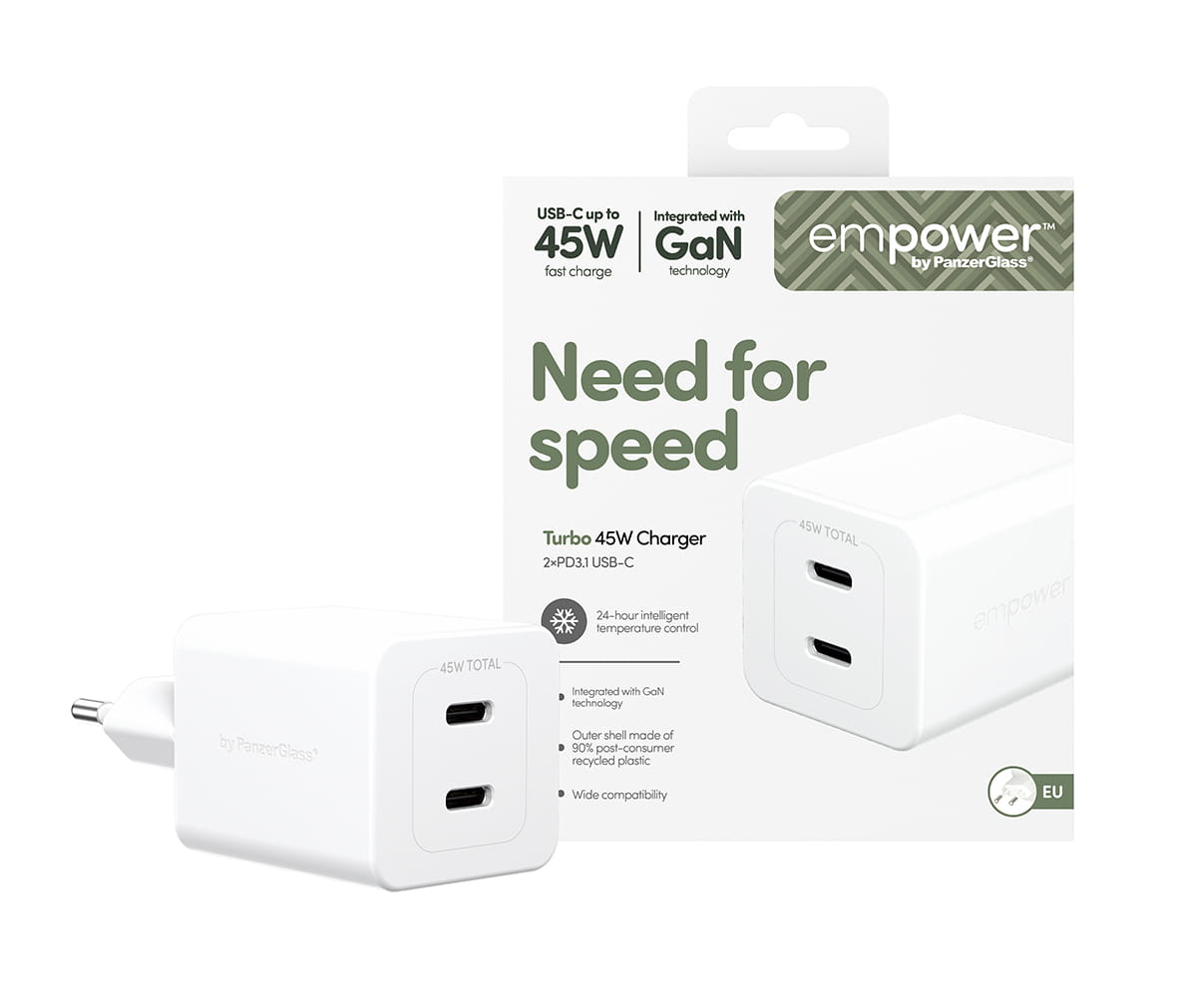 PanzerGlass empower by PanzerGlass - Netzteil - 45 Watt - Power Delivery 3.1 - 2 Ausgabeanschlussstellen (USB-C)
