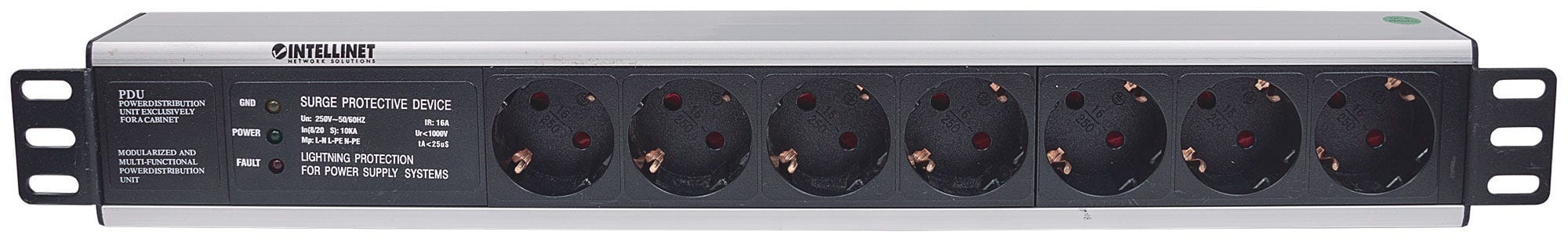 Intellinet 19" 1.5U Rackmount 7-Way Power Strip - German Type", With Surge Protection, 3m Power Cord - Steckdosenleiste (Rack - einbaufähig)