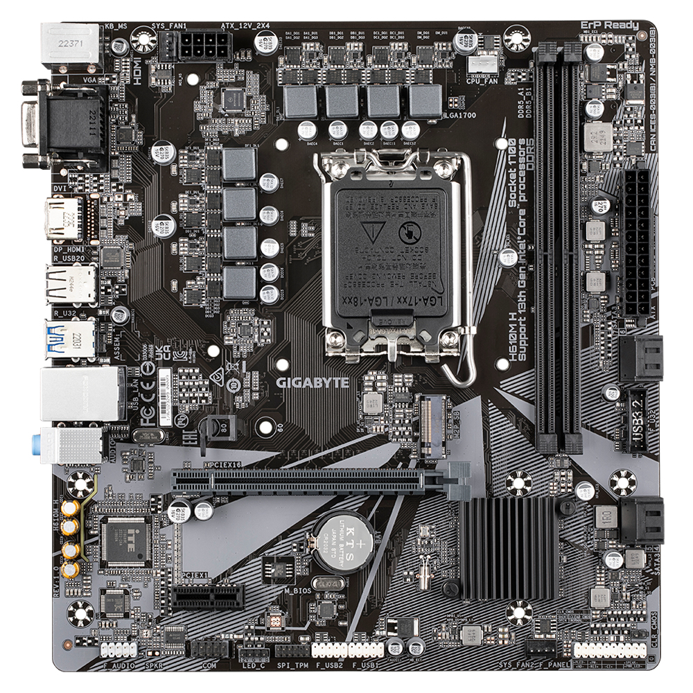 Gigabyte H610M H Motherboard - Unterstützt Intel Core 14. Generation CPUs, 6+1+1 Hybrid Digital VRM, bis zu 5600MHz DDR4 (OC), 1xPCIe 3.0 M.2, GbE LAN, USB 3.2 Gen 1, Intel, LGA 1700, Intel® Celeron®, Intel® Core™ i3, Intel® Core™ i5, Intel® Co
